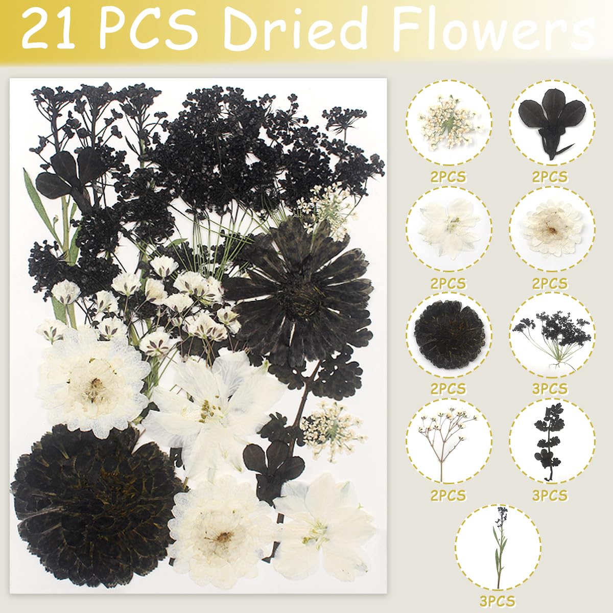 Cinvo 63 Pcs Real Dried Pressed Flowers and Leaves Black White Natural Dried Petals with Tweezer for Candle Resin Jewelry Soap Nail Pendant Phone Case Crafts Making Floral Decors DIY Embellishments - Image 4