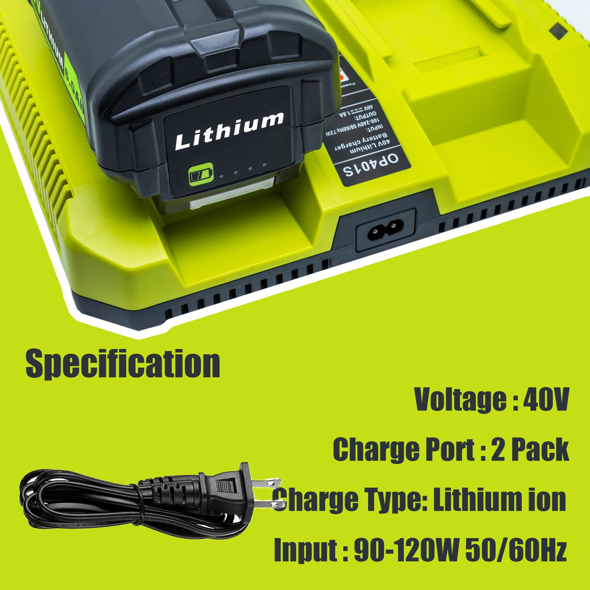 Chargeur de rechange 40 V pour chargeur de batterie Ryobi 40 V OP401 S, chargeur rapide double ports compatible avec batterie Ryobi 40 V au lithium OP4015 OP4026 OP4030 OP4040 OP4050 OP4060 OP40301