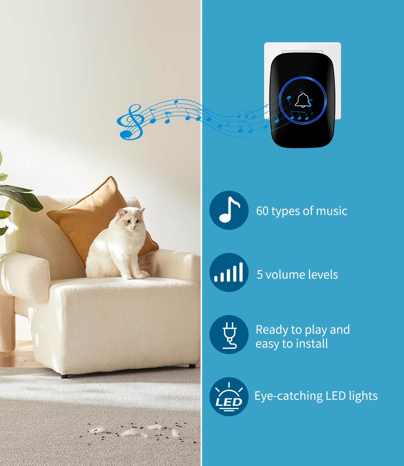 Zawaer Campanello Senza Fili da Esterno, Set Impermeabili Campanelli Casa Anteriore di 300m, Campanello Porta Ingresso con 60 Melodie, 5 Livelli di Volume e Display a LED, Nero Doorbell Wireless