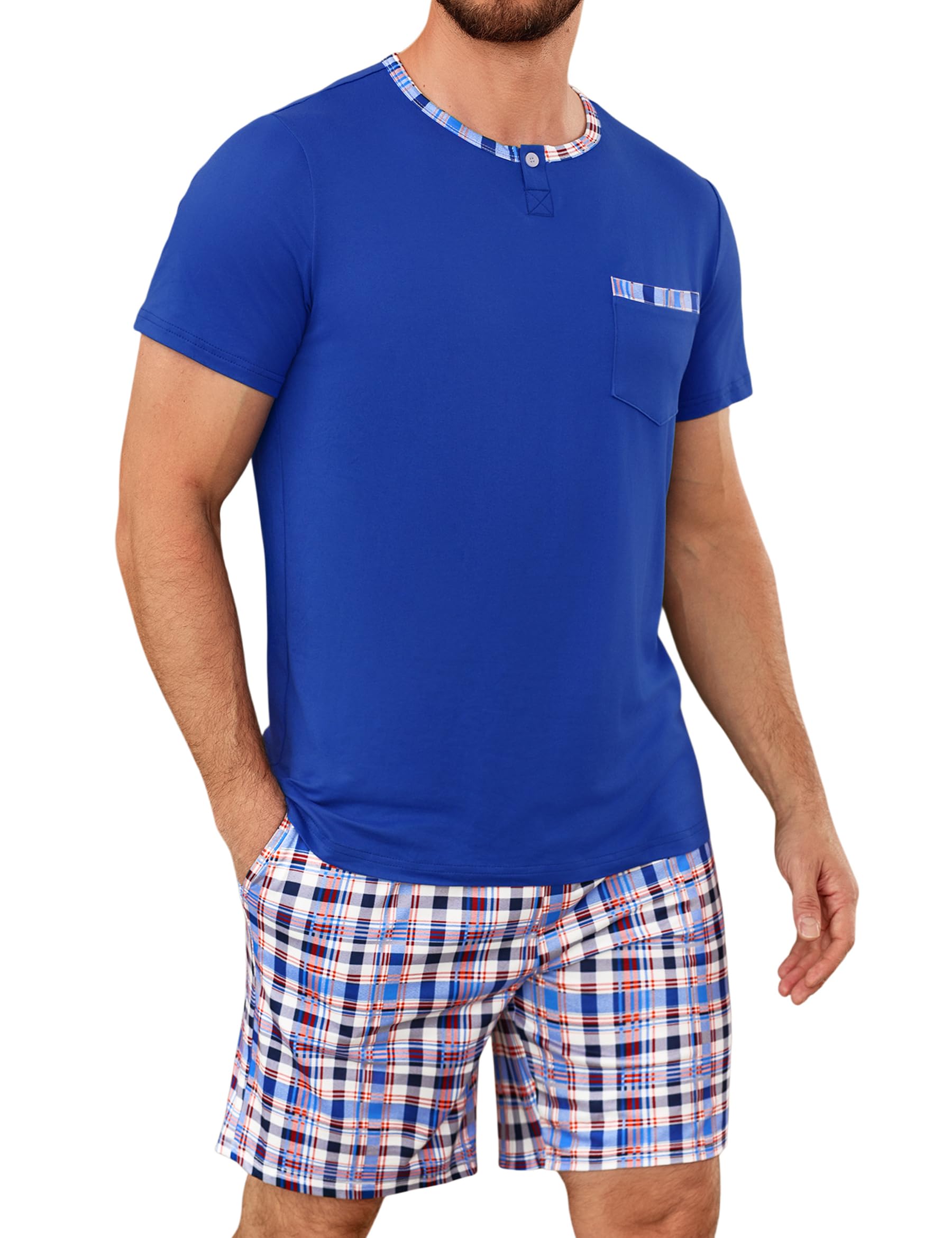 Jahetuul Schlafanzug Herren kurz Schlafhose Karomuster Pyjama Sommer Rundhals Schlafanzüge für Herren Pyjamashort Nachtwäsche Männer