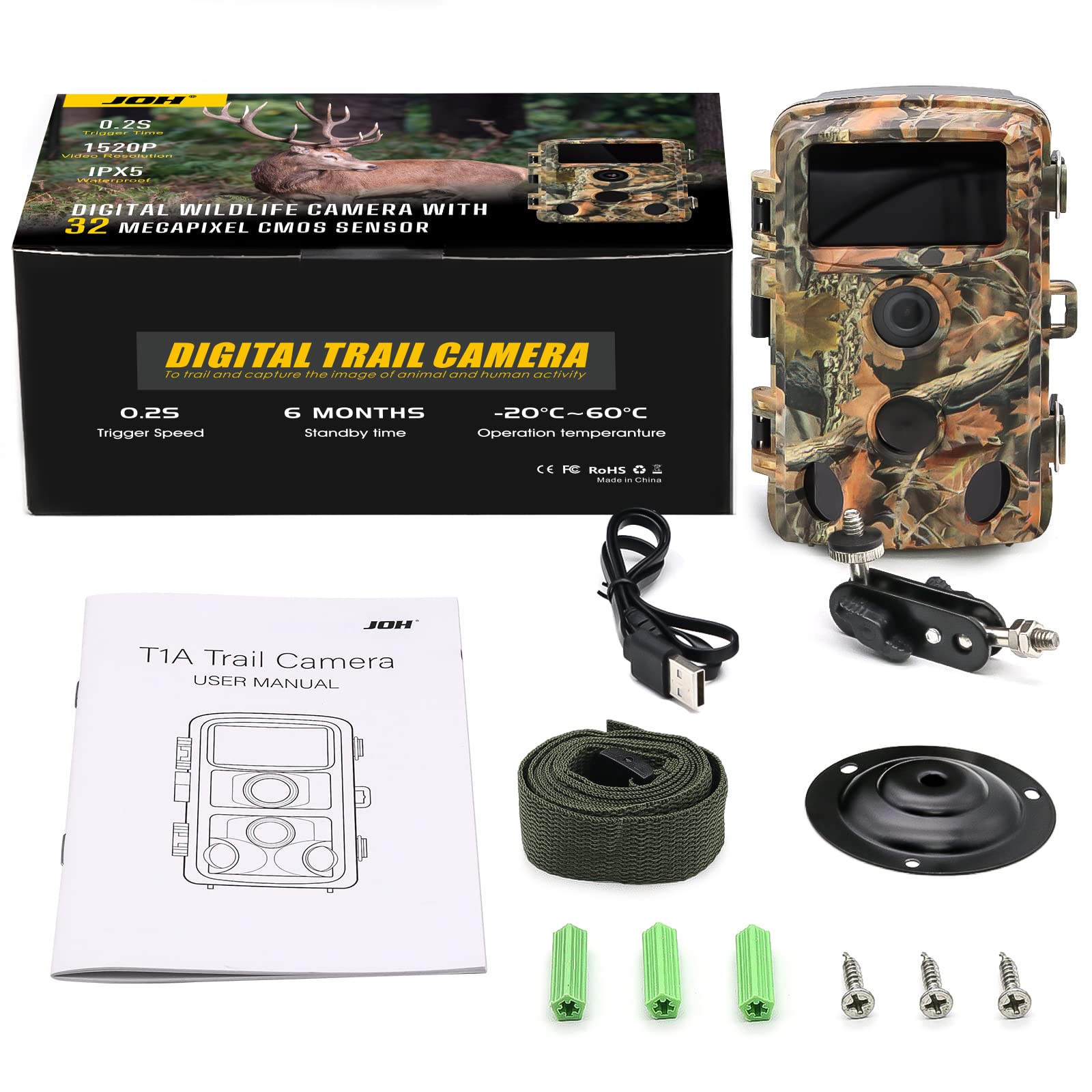 JOH Wildkamera 32MP 1520P 2,7K mit Bewegungsmelder Nachtsicht 0,2s Auslöser IPX5 wasserdichte Wildtierkamera