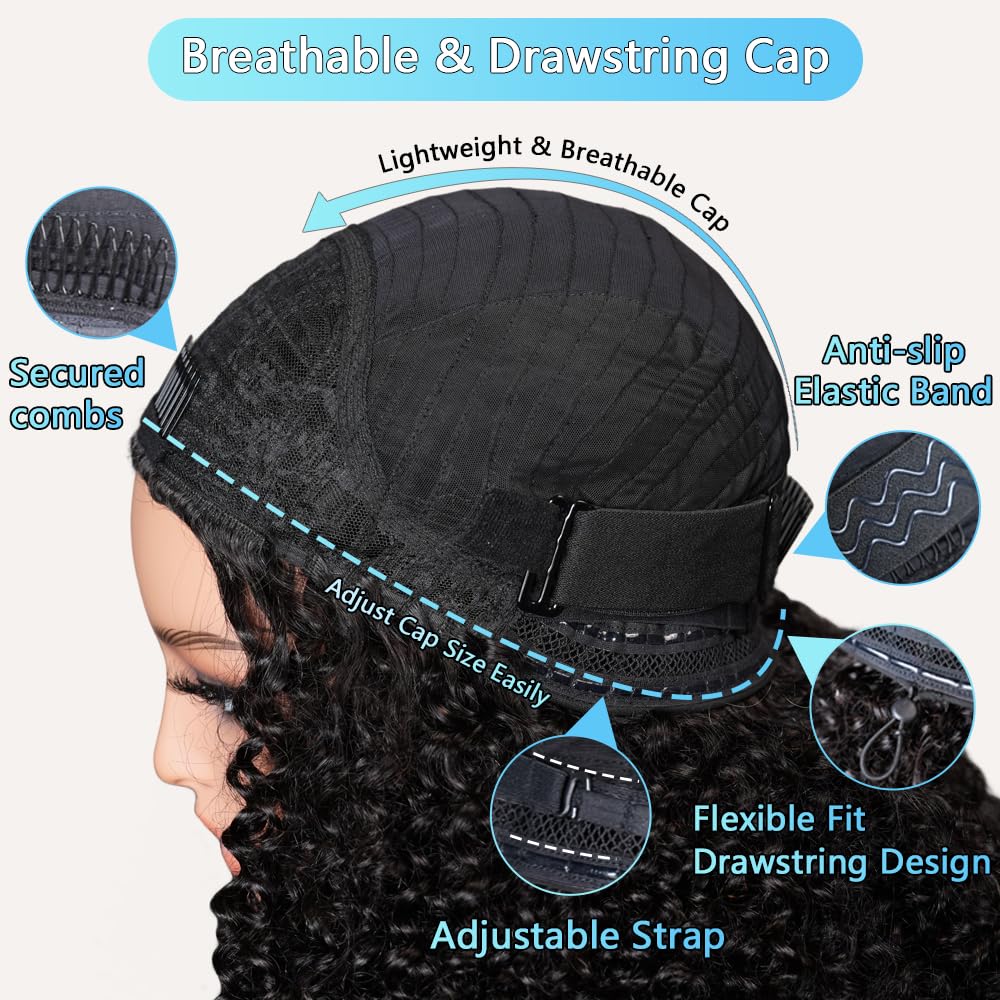 QUANDIAN Kinky Curly Human Hair Glueless 3-in-1 Half Wig, Natural Color
