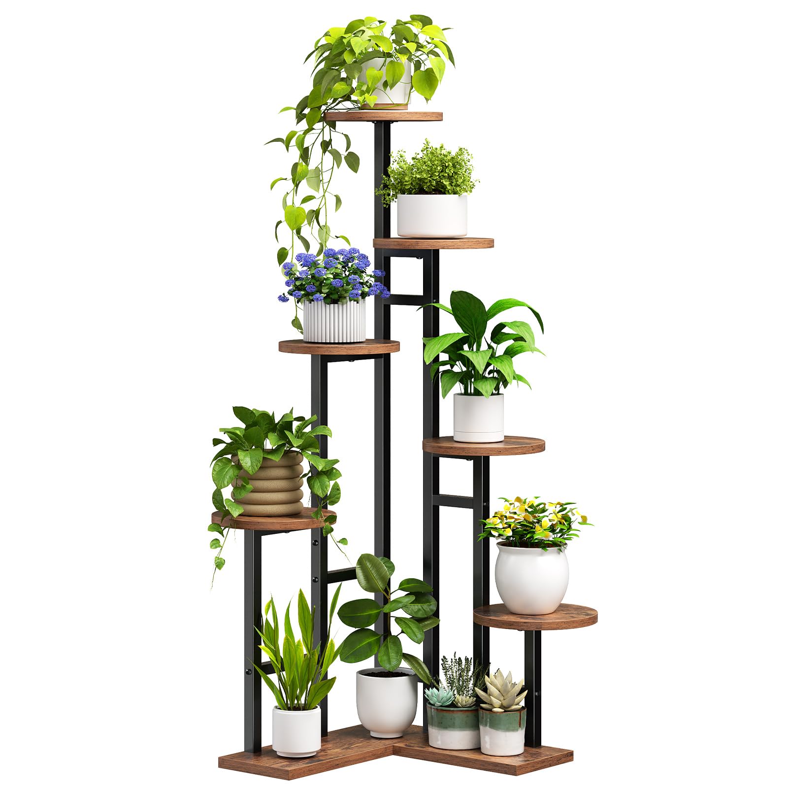 HOOBRO Plant Stand Indoor, 7-Tier Plant Shelf, 120 cm Corner Plant Rack Organizer, Round Flower Stand, for Living Room, Balcony, Patio, Rustic Brown and Black EBF02HJ01
