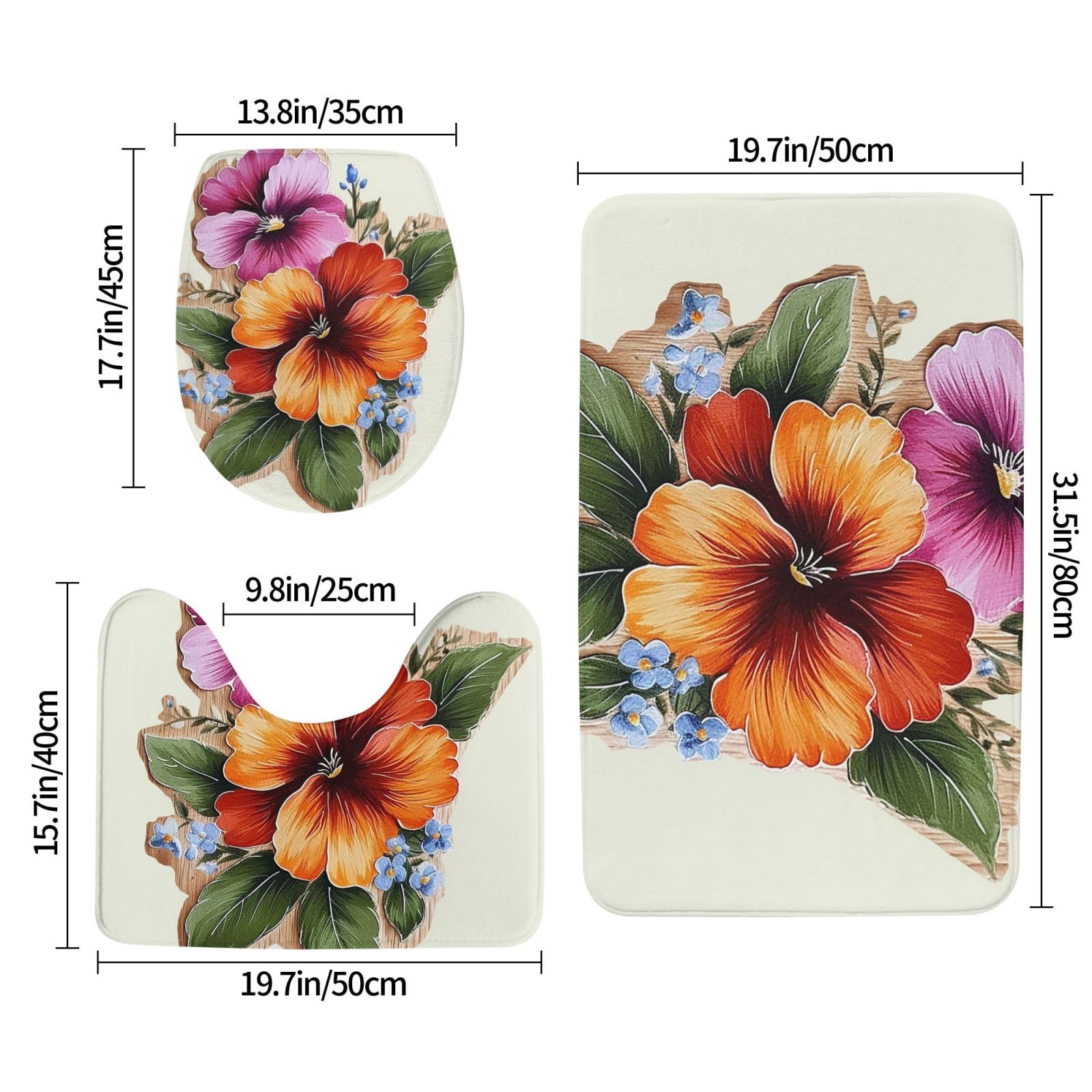 Set di 3 tappetini da bagno con fiori dipinti a mano in flanella morbida antiscivolo con coperchio per la decorazione della casa