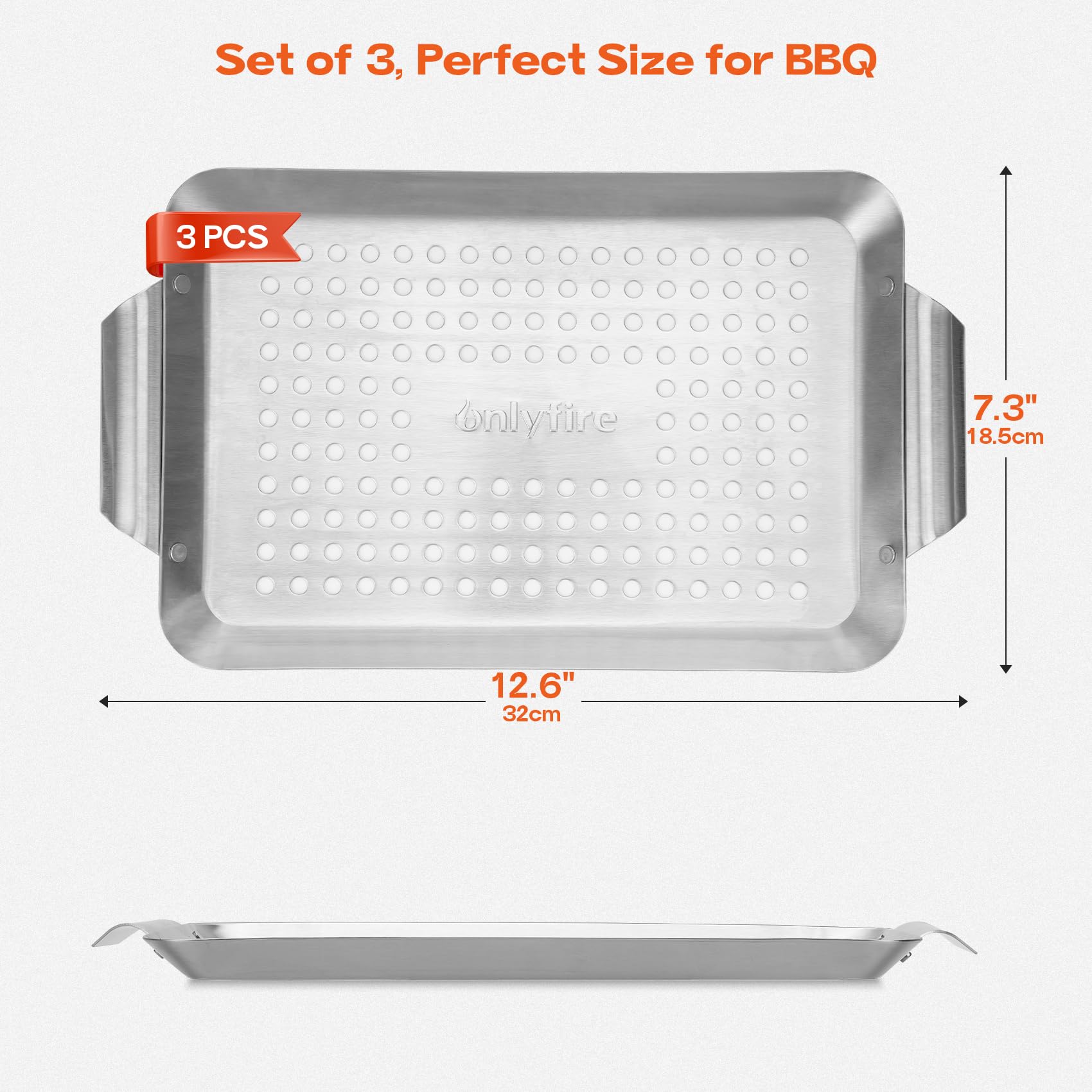 Onlyfire 3-pak prostokątnych koszy grillowych, kosze na warzywa ze stali nierdzewnej, mini zestaw koszy do grillowania, patelnia do grilla na świeżym powietrzu