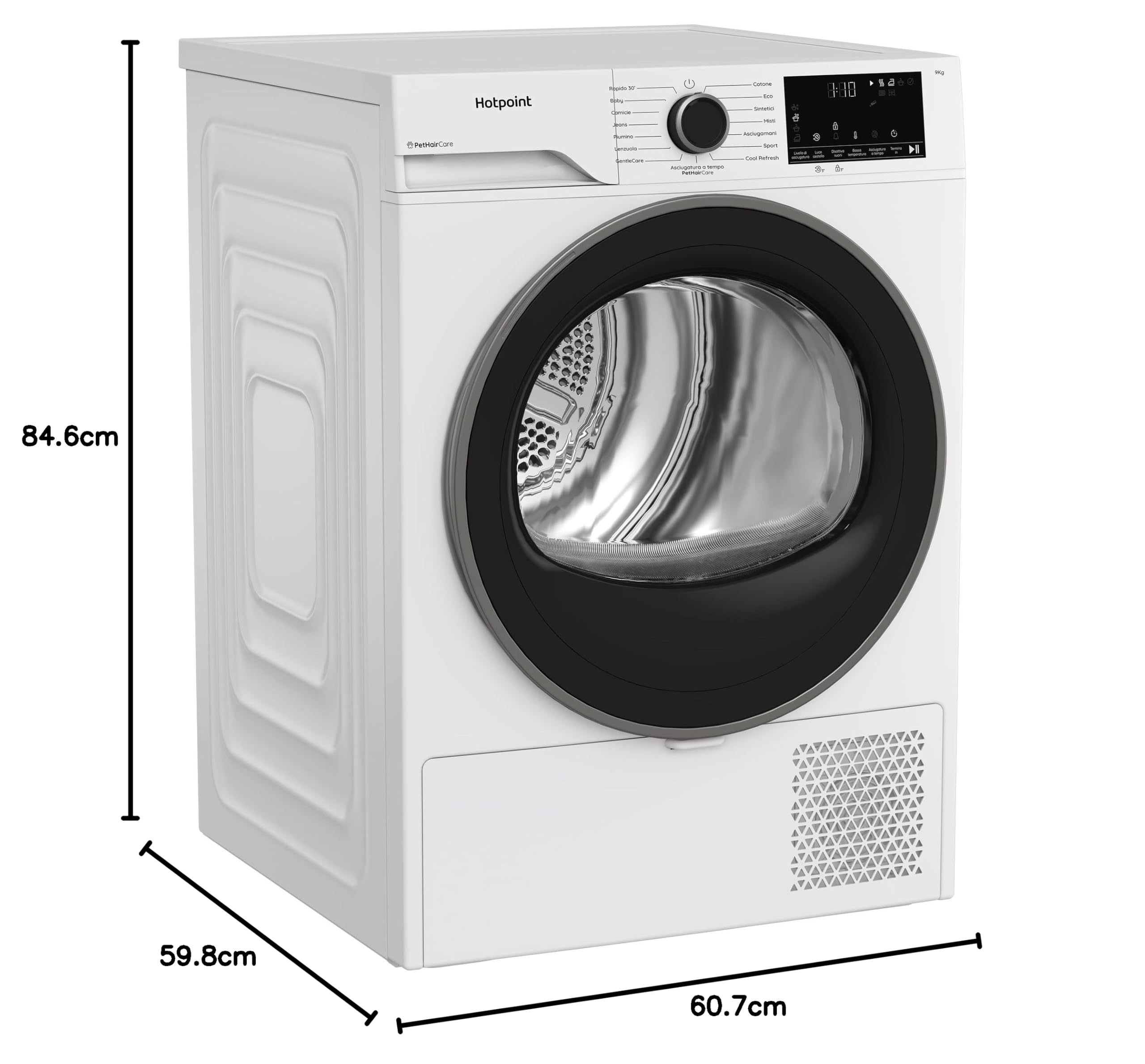 Hotpoint Ariston HPT 93D BS IT – Asciugatrice 9 Kg A Pompa di Calore, Libera Installazione, Classe D, PetHair Care, Gentle Care, Riduzione Delle Pieghe. 84,6 x 59,8 x 60,7 cm