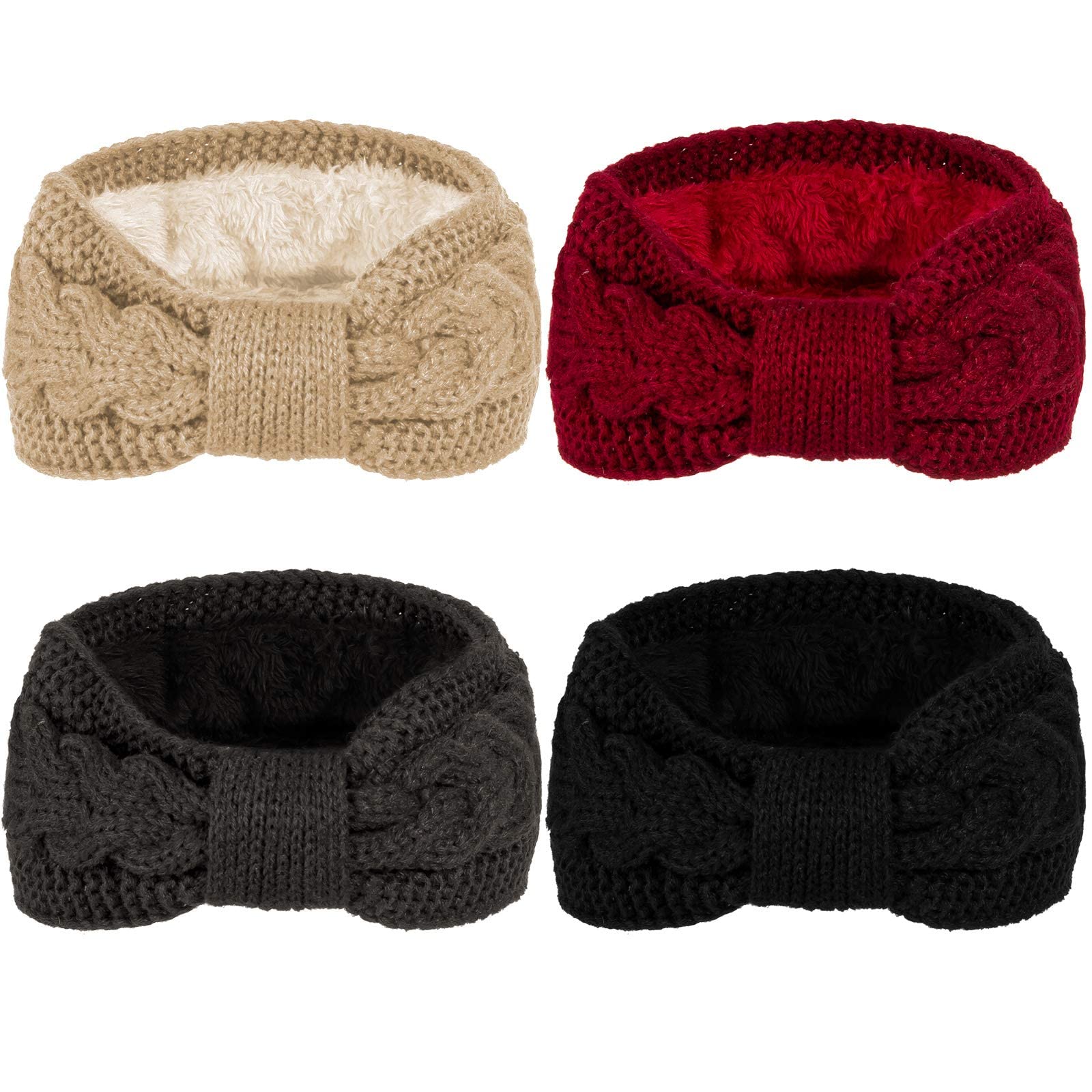 Parlberd 4 Pack Womens Winter Headbands Fuzzy Fleece Lined Ear Warmer Cable Knit Thick Warm Crochet Headband, Elastic Hair Band Accessories for Girls Women