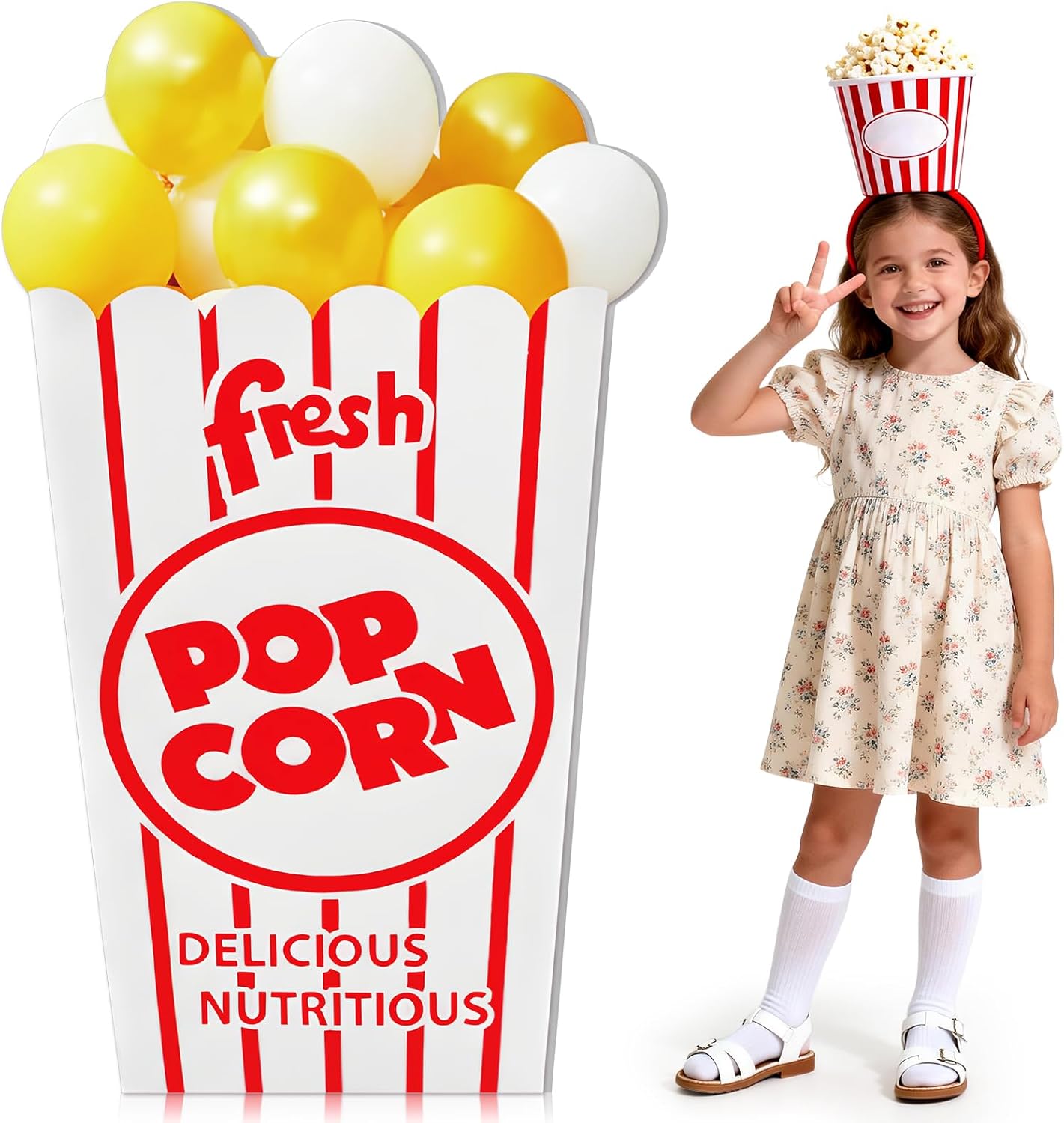 Carnival Circus Party Decoration, 47" Popcorn Balloon Box Cardboard Cutout Stand up, Large Striped Red & White Popcorn Box Photo Props for Movie Night, Carnivals, Circus, Theme Party, Theater