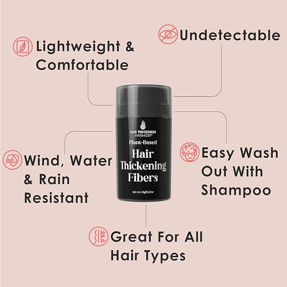 Hair Thickness Maximizer Hair Fibers for Thinning Hair for Women & Men | Cover Bald Spots in Seconds. Plant-Based Hair Thickening Fibers. Non-Itchy, Easy to Wash Out Hair Building Fibers. Black