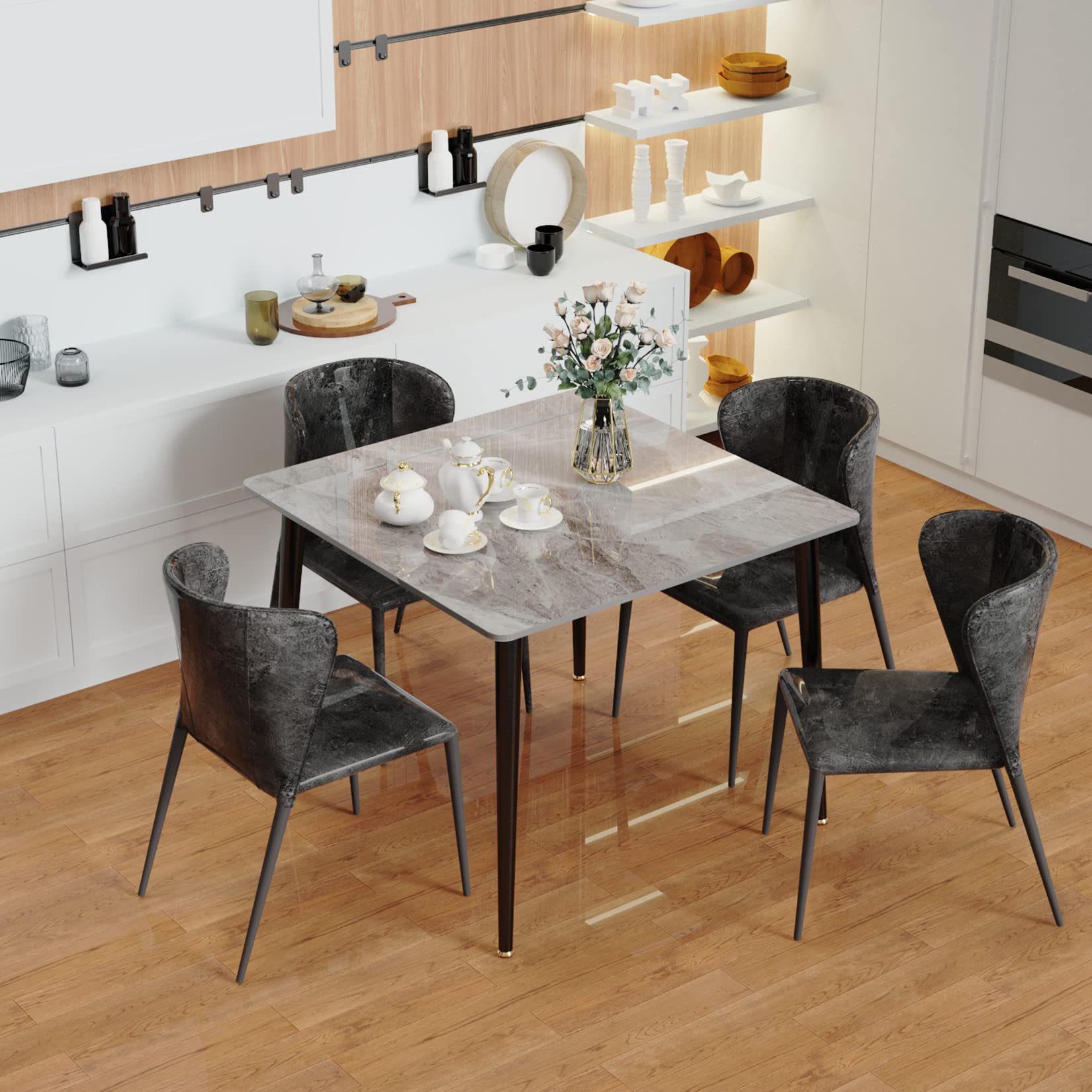 Kitchen Dining Table Marble Tabletop : Square 80cm Modern Sintered Stone Grey Pattern Marble Top Dinner Tables 4 Seater with Tapered Metal Legs Dining Room Home Living Room