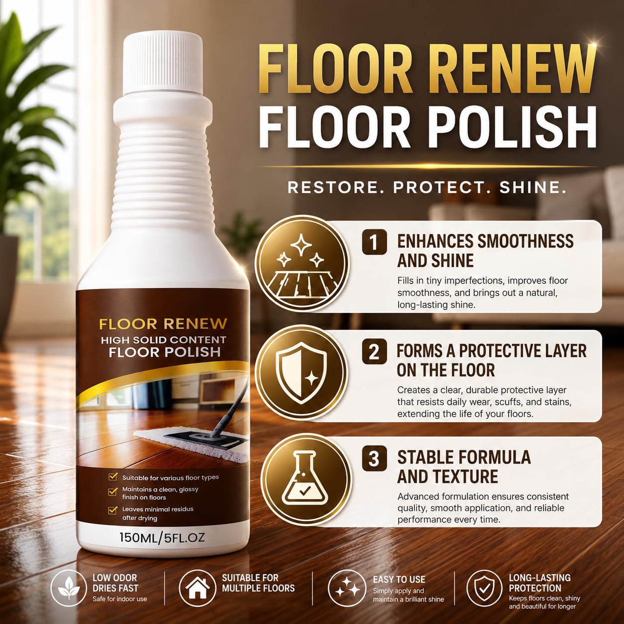 Professionelle Hartholzbodenpolitur, Holzbodenpflege Reviver, Hochglanz-Laminat-Finish, Schutzbeschichtung für Vinyl, Fliesen und technisches Holz polieren, Shine Restorer (5pcs)