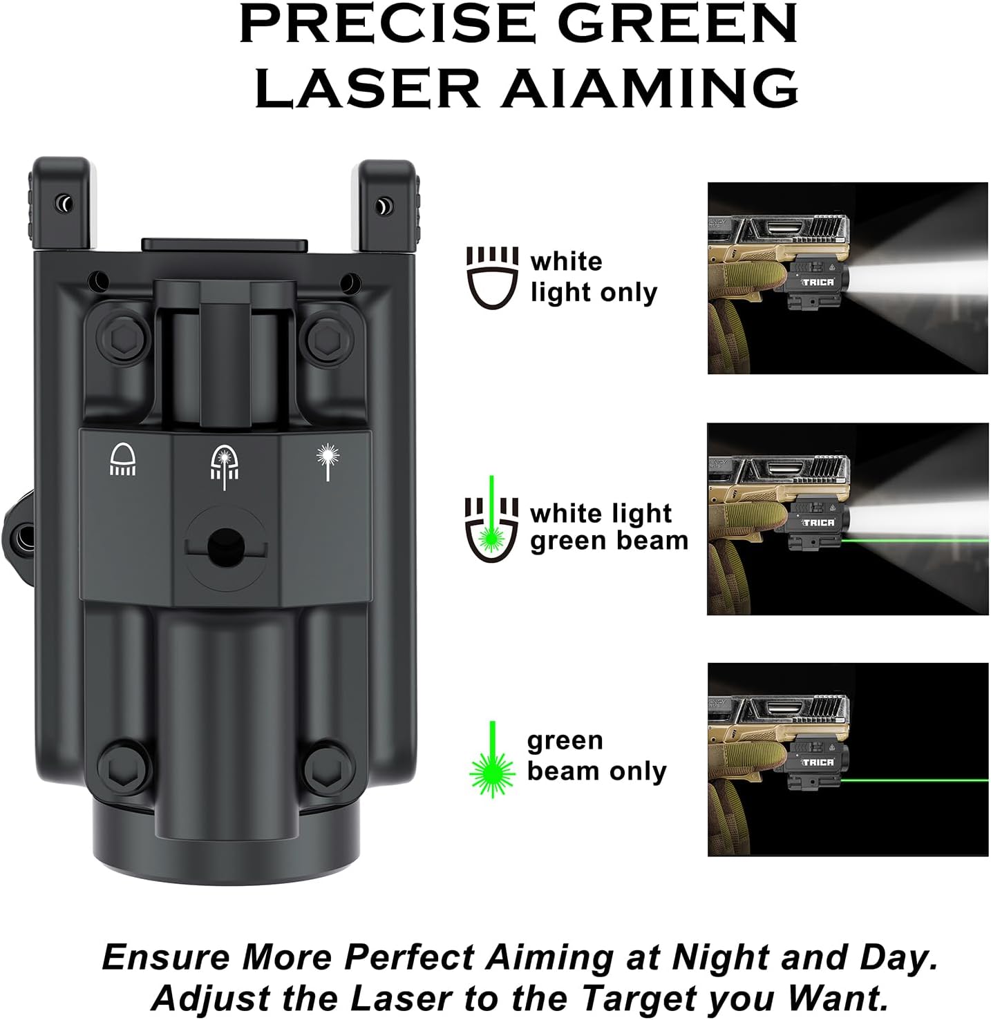 trica 800-Lumen Compact Pistol Light with Green Laser, Strobe & Quick Detach, USB Rechargeable, Compatible with GL or Picatinny Rail