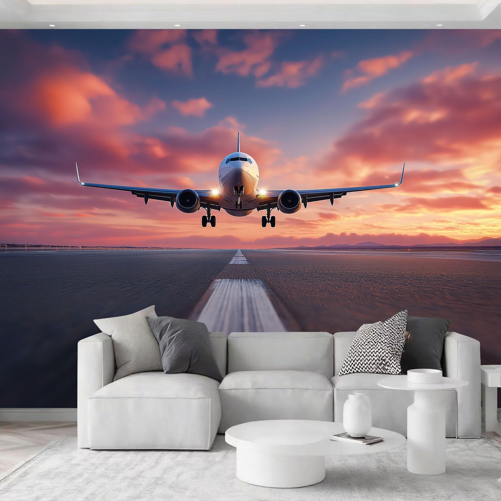 Fototapeta, zachód słońca, samolot, 350 x 256 cm, flizelina, do pokoju chłopca, biura podróży, biura, realistyczna tapeta, mural ścienny, dekoracja