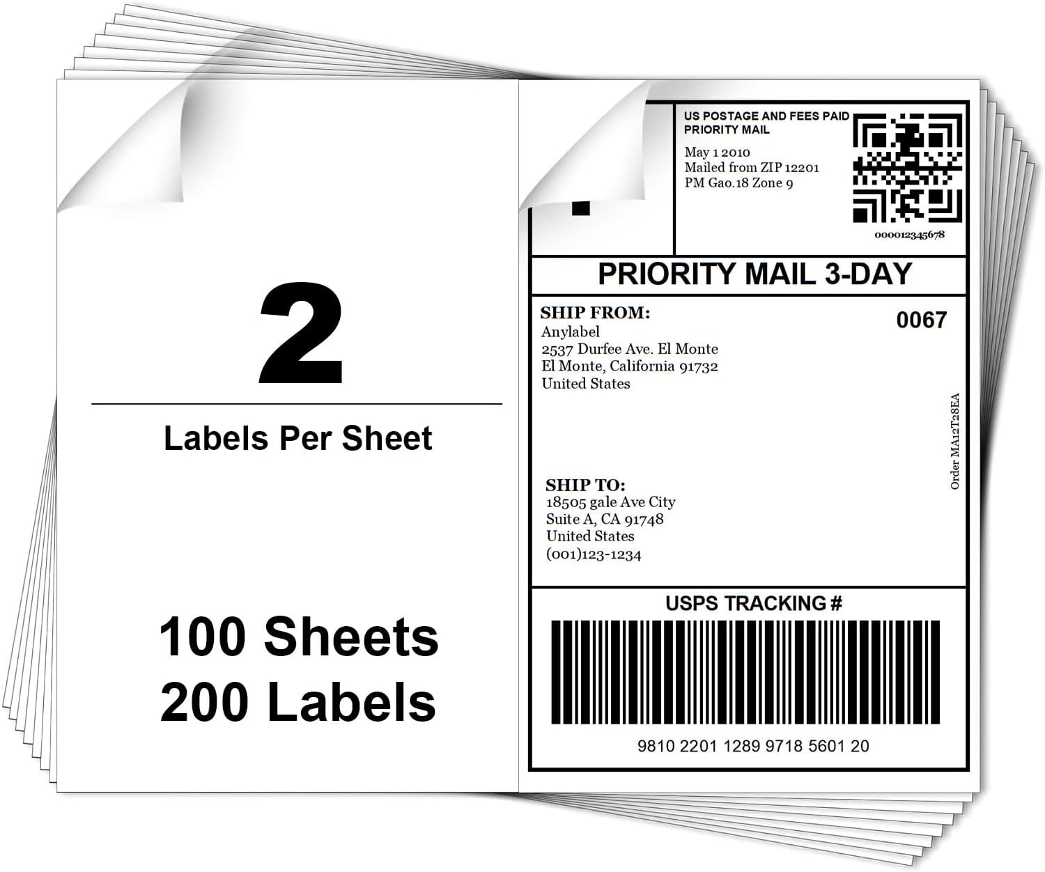 8.5" x 5.5" Half Sheet Self Adhesive Shipping Labels for Laser & Inkjet Printer - 2 Per Page Shipping Labels for Mailing Packages, 5 1/2 x 8 1/2 Half Sheet Labels(100 Sheets, 200 Labels) 8.5" x 5.5" - 2 Per Page | 200 Labels