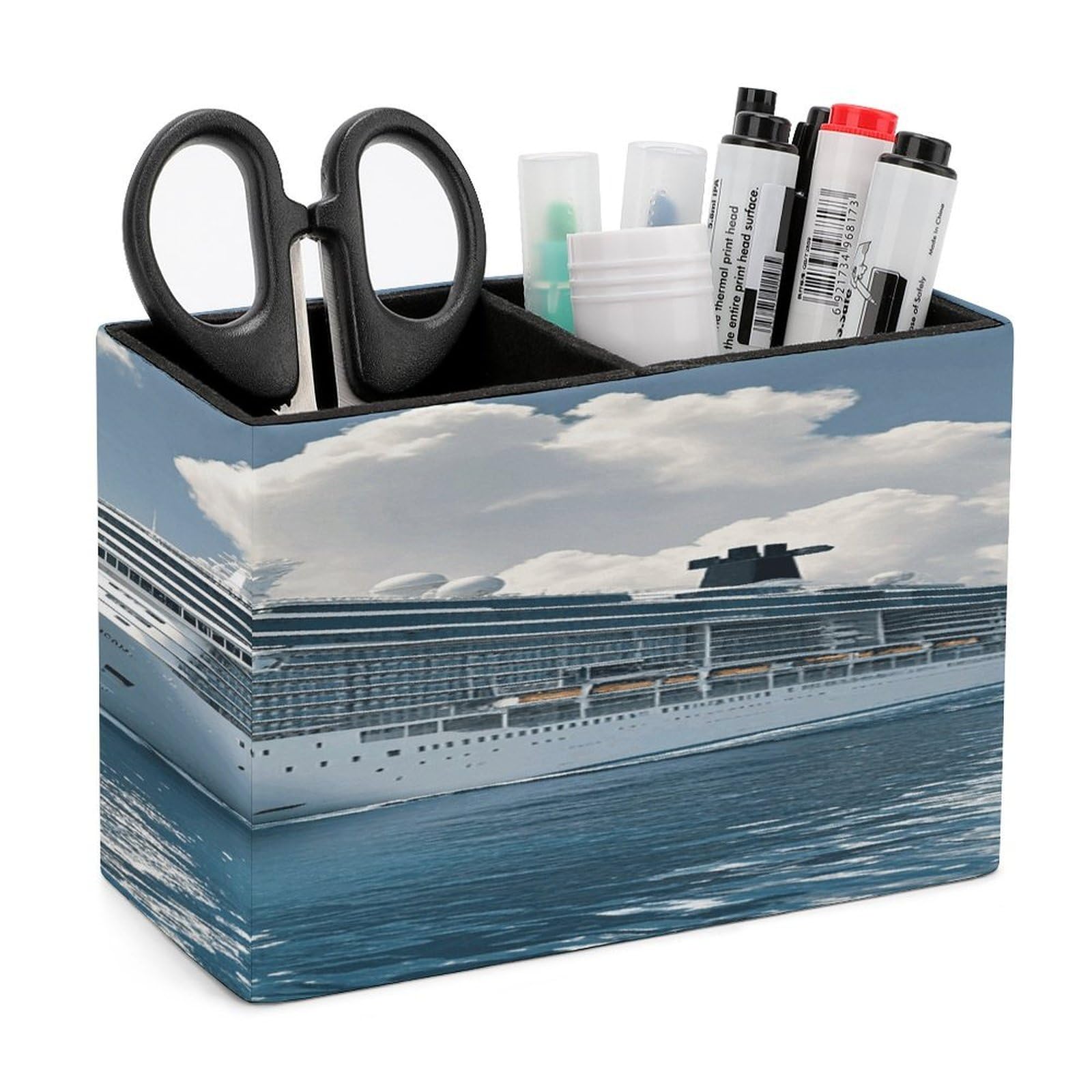 VstaDank Cruise Ships Pencil Holder for Desk Organizer 2 Compartments Pen Cup Leather Square Pen Holder Pencil Cup Stand Makeup Brush Holders for Desktop Organizer Storage Case