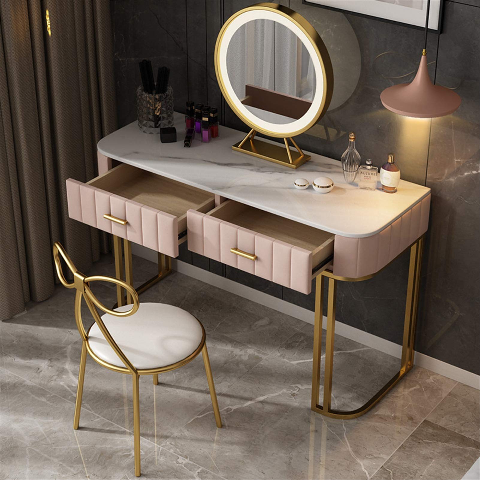 Coiffeuse Avec Miroir LED (3 Couleurs, Intensité Variable) - 5 Tiroirs, Chaise Incluse - Plateau En Marbre UV, Design Anti-chute - Dimensions : 100 Cm, Couleur Gris