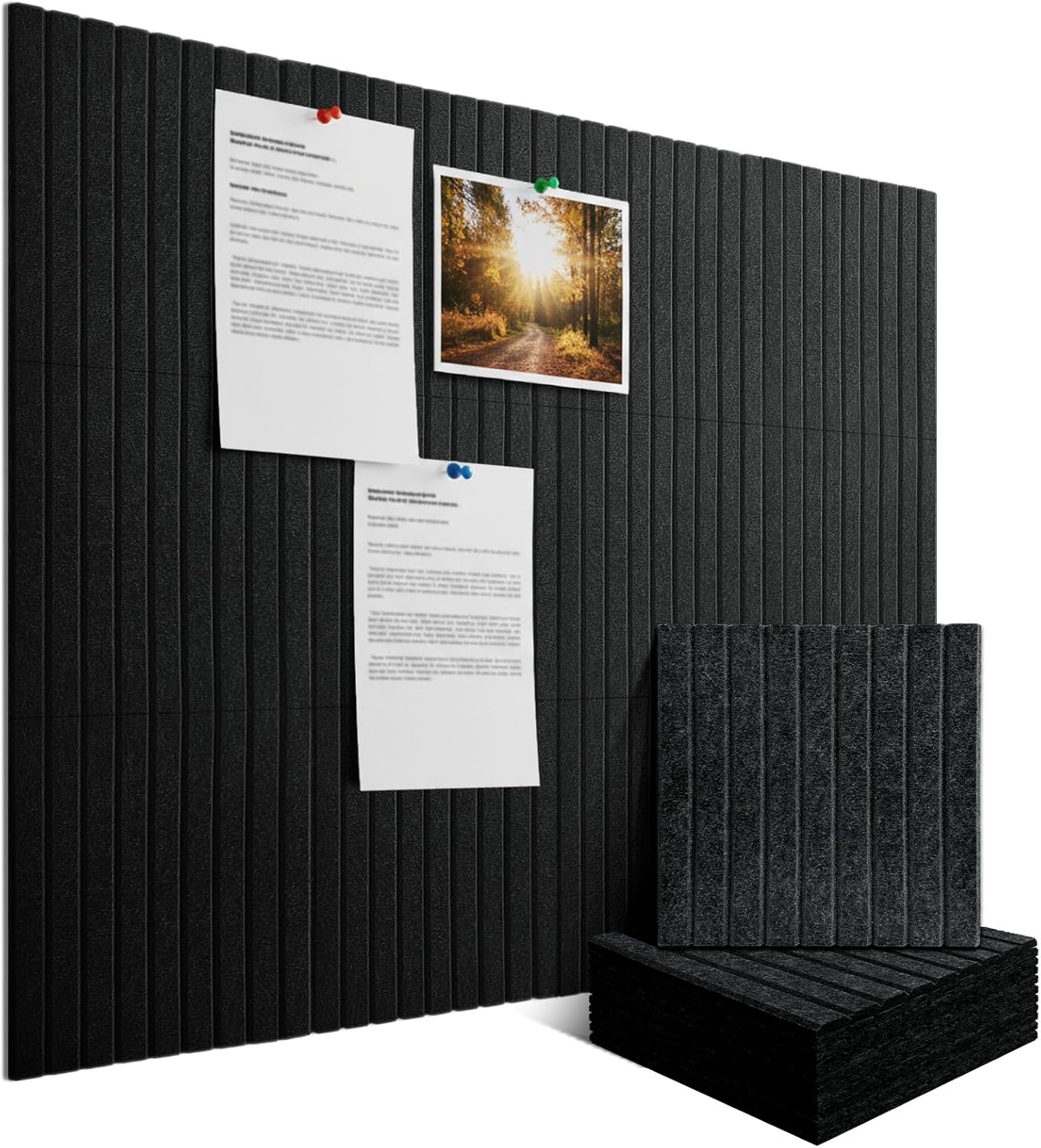 Large Felt Bulletin Board for Wall, 12-Pack 48" x 36" Black Grooved Felt Board with Adhesive Backing, Cork Alternative Memo Pin Board, Acoustic Fabric Tiles for Home Office, Classroom & Wall Decor