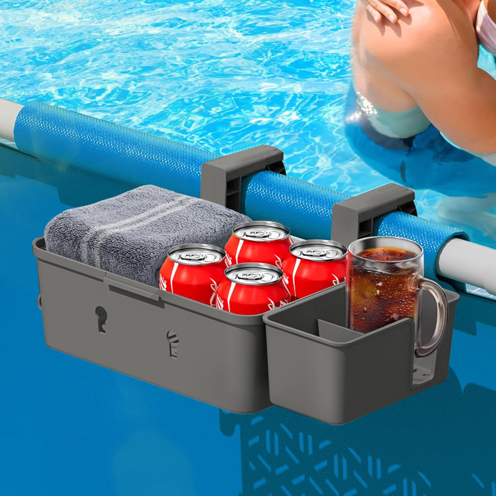Kahdsvby Set di 2 cestini portaoggetti a bordo piscina fuori terra + portabicchieri per piscine fuori terra