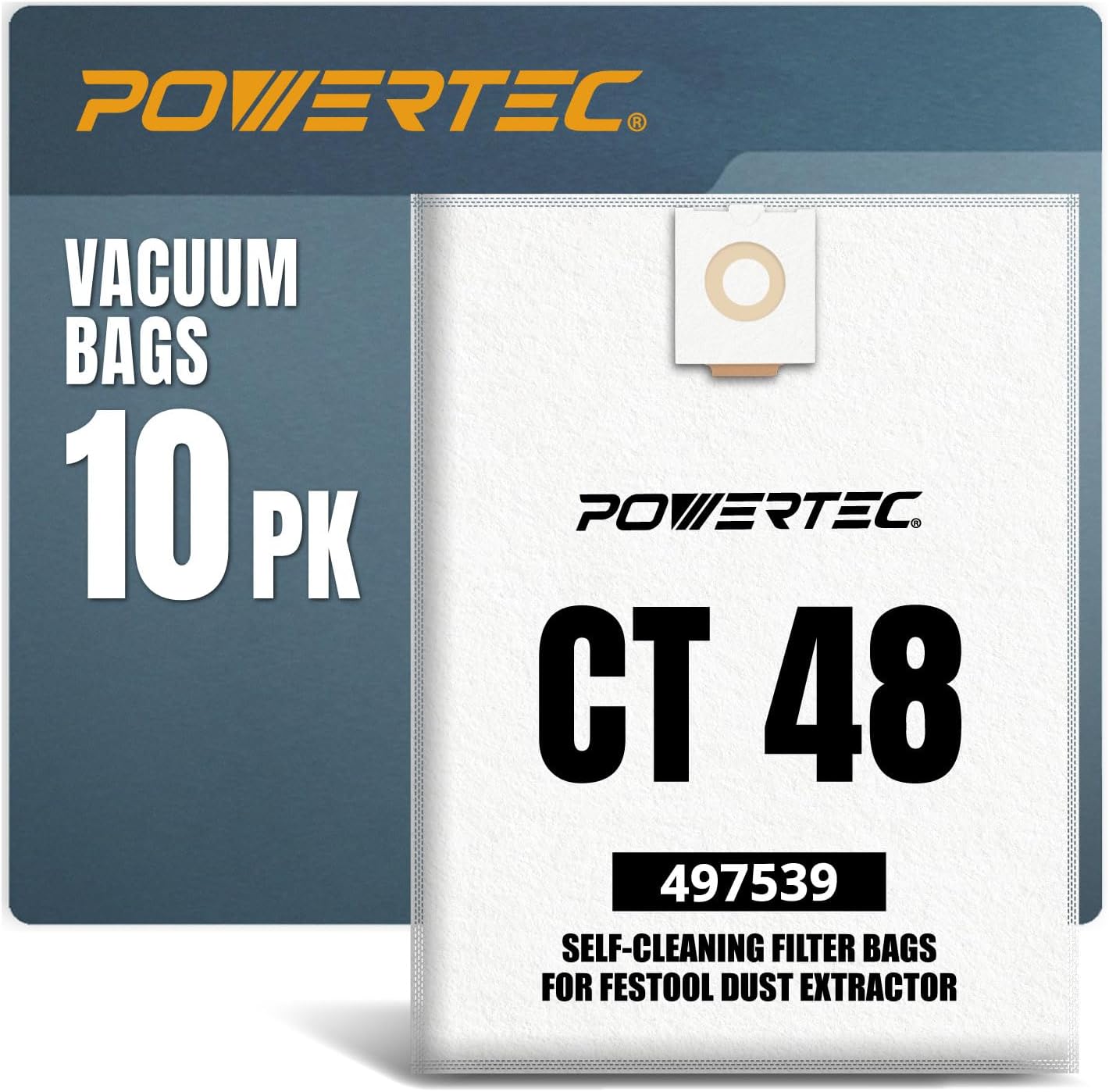 POWERTEC 497539 Selfclean Filter Bags for Festool CT48 Dust Extractor, Vacuum Bags for Festool CT48, 10 Pack (75055-P2)