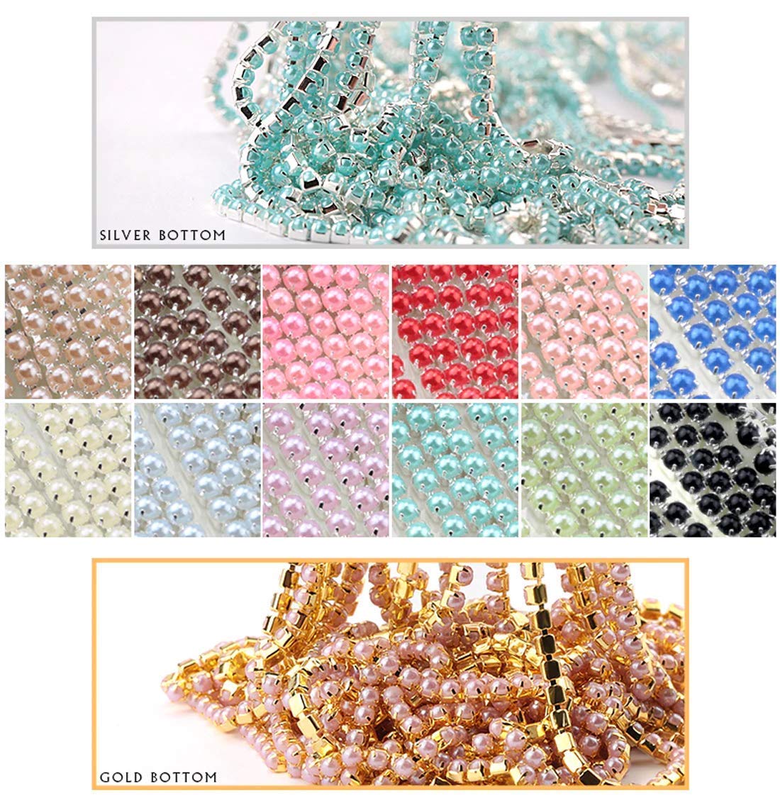 DIY Crafts 2 Yards, Light Blue-Silver, Colour 2Yard/10/20Yards ABS SS6/2mm 9 Colors Pearl Copper Rhinestone Chain Base Cup Pearl Chain for Sewing (2 Yards, Light Blue-Silver) 4