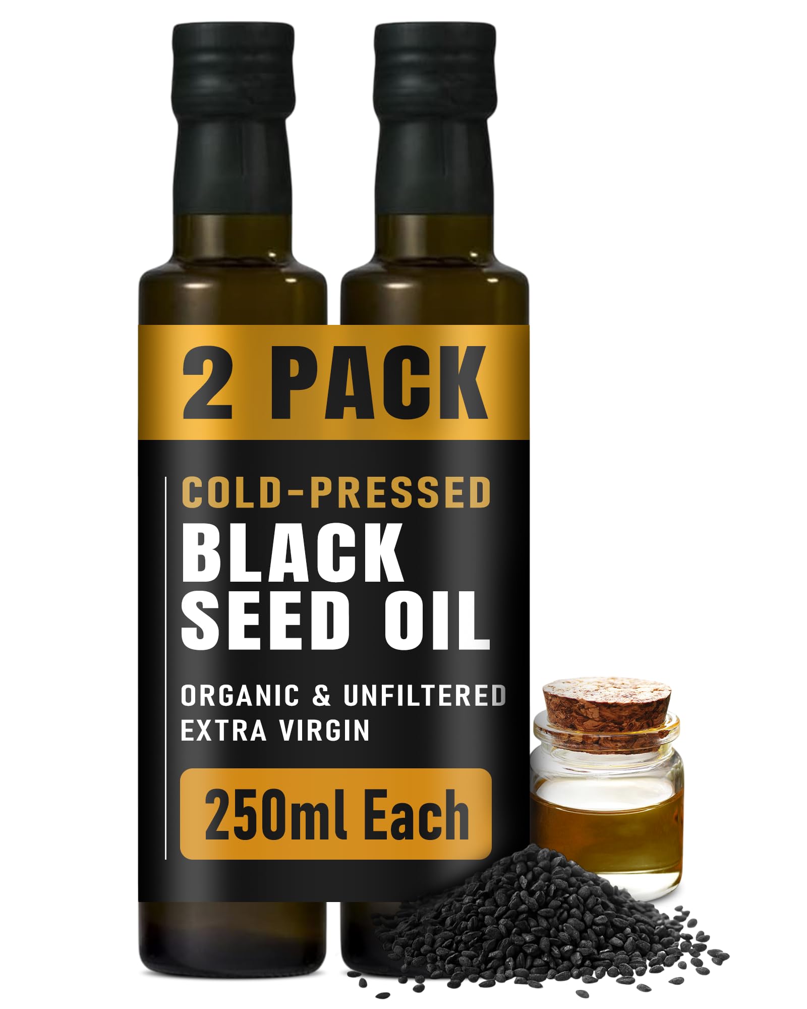 RAWYA Aceite de semilla negra orgánico, prensado en frío, origen turco, comino negro, Kalonji, suplemento Nigella Sativa con Omega 3, 6, 9, crecimiento del cabello y apoyo a la piel, sabor suave, 250