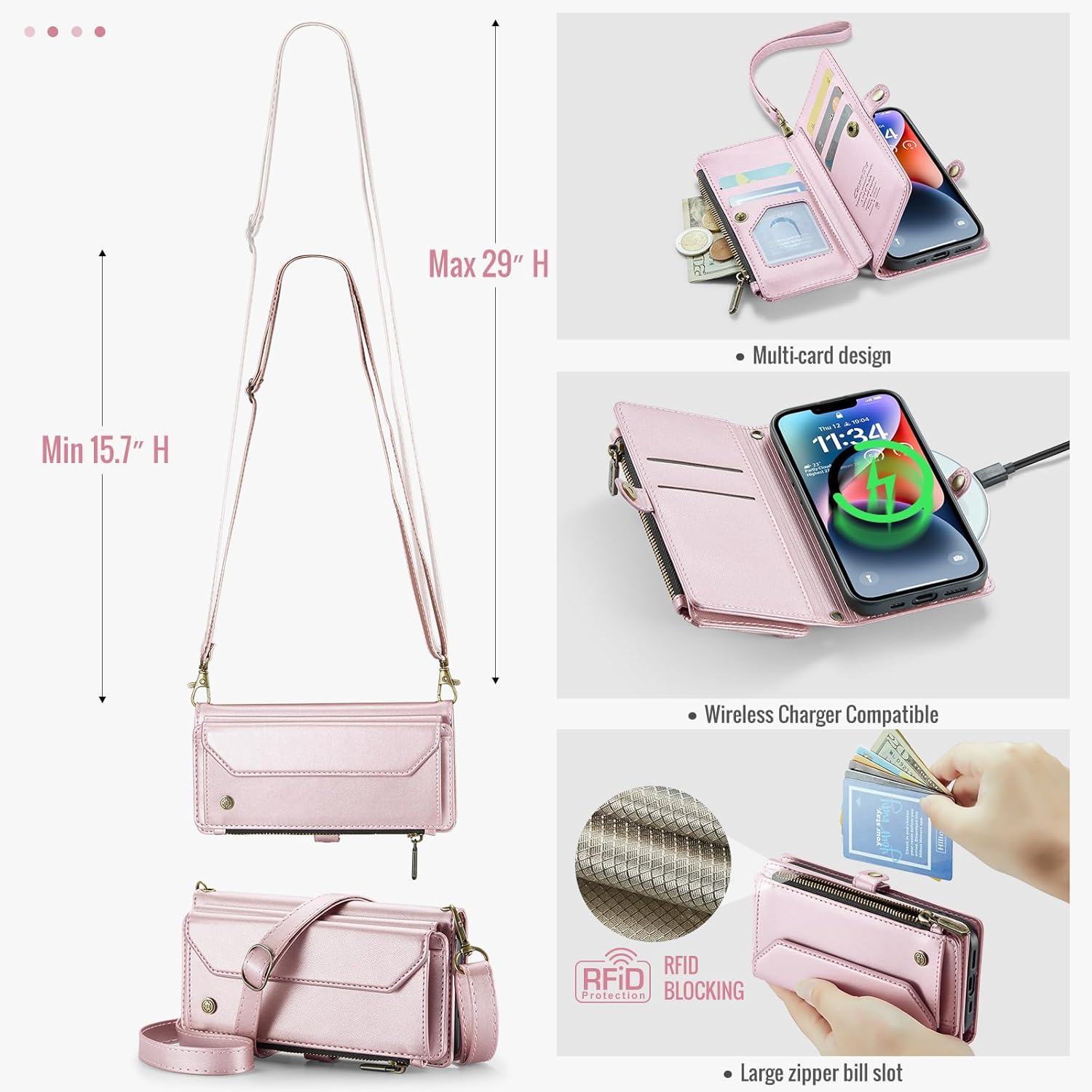 for iPhone 14 Case, Crossbody Wallet Phone Case with RFID Blocking Kickstand, Anti-Drop Wireless Charging Card Slots, PU Leather Shoulder Bag Clutch Adjustable Strap, Pink for Women