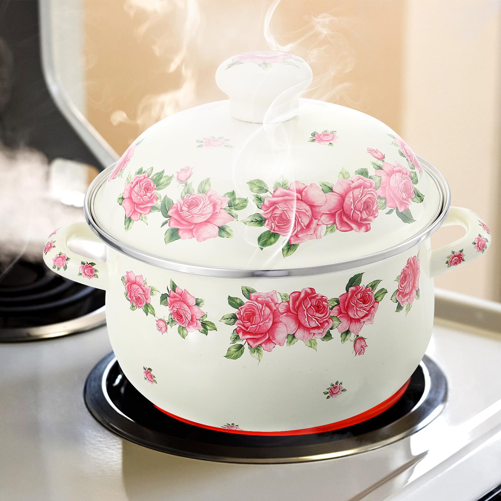 Garneck Emaille Schmortopf 20cm mit Doppelgriff und Deckel Antihaftbeschichteter Suppentopf In Rosa mit Rutschfestem Griff Säurebeständiger Hitzebeständiger Kochtopf für Küchenzubehör
