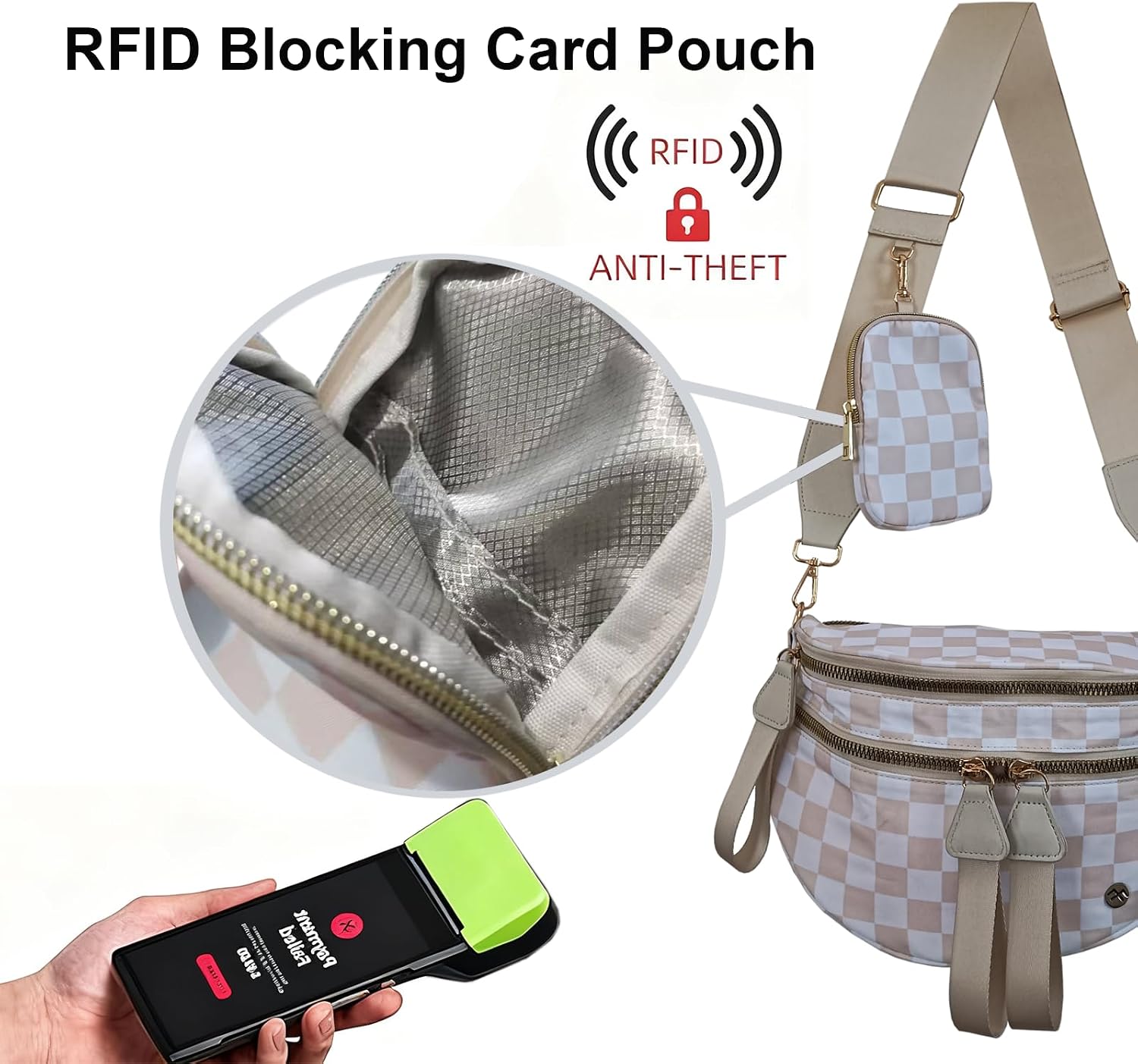 Security Carry Bum Bag CCW Fanny Pack with RFID Pouch(Beige+white) | Checkered Crossbody Diaper Bag EDC Concealed Carry