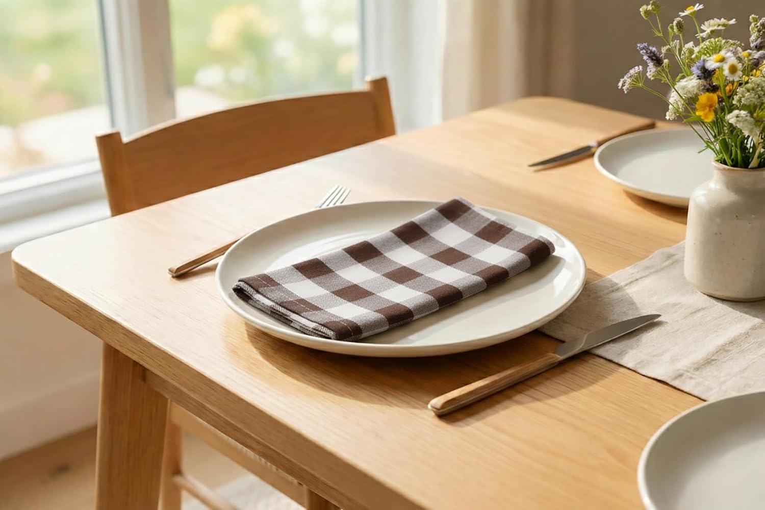 PurpleEssences Plaid Napkins 18x18 Buffalo Plaid - Nut Brown & H.White