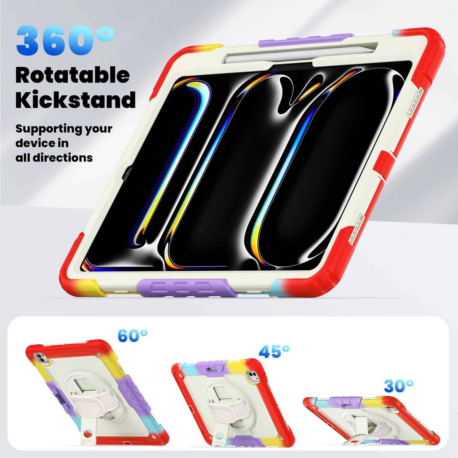 Wytrzymałe etui na tablet kompatybilne z iPadem Pro 13 cali Etui M4 2024 ochraniaczem ekranu i uchwytem długopis, odporne wstrząsy wytrzymałe 360° obrotowy pasek rękę ramię do iPada(Camouflage Red)