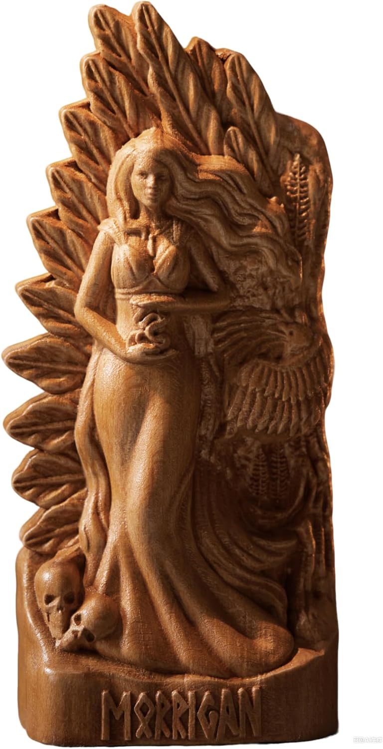 Morrigan Wooden Carved Goddess Statue for Home Altar, Norse Mythology Statuette, Creative Desktop Decorations (Wood)