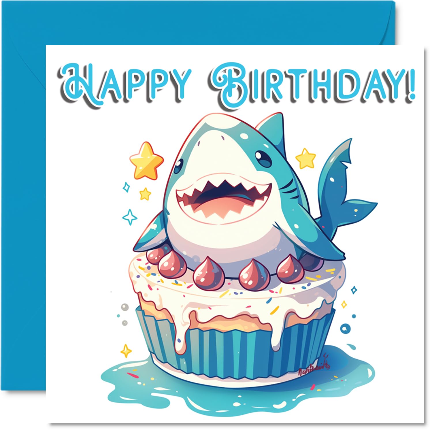 Shark Birthday Cards - Animal Cake - Happy Birthday Card for Son Daughter Brother Sister Grandson Granddaughter Niece Nephew Cousin, 145mm Bday Greeting Cards