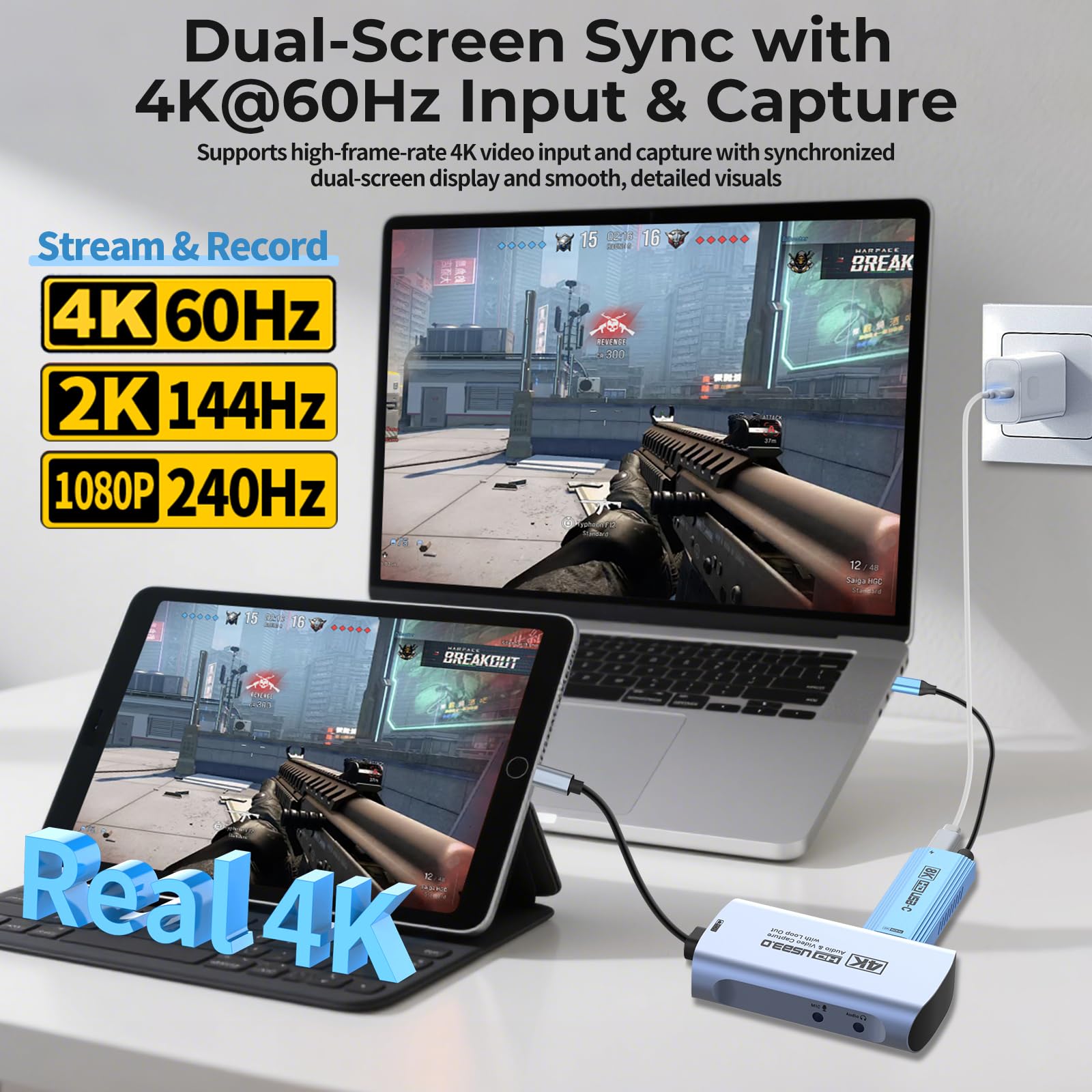 Guermok 4K 60FPS & 1080P 240FPS HDMI Capture Card for Streaming, USB 3.0 to USB-C/A, 4K60 Passthrough, 3.5mm Audio in and Mic Out, Works with Switch 2/1, PS, Quest 3, Pad, Mac, PC