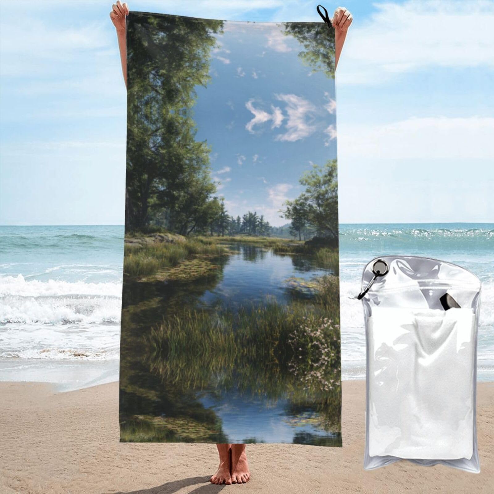 ESNAIUVCD Wetland Scenery Print Beach Towel, Microfibre Sauna Towel, Quick-Drying Fitness Towel, Lightweight And Thin Portable Sauna Towel