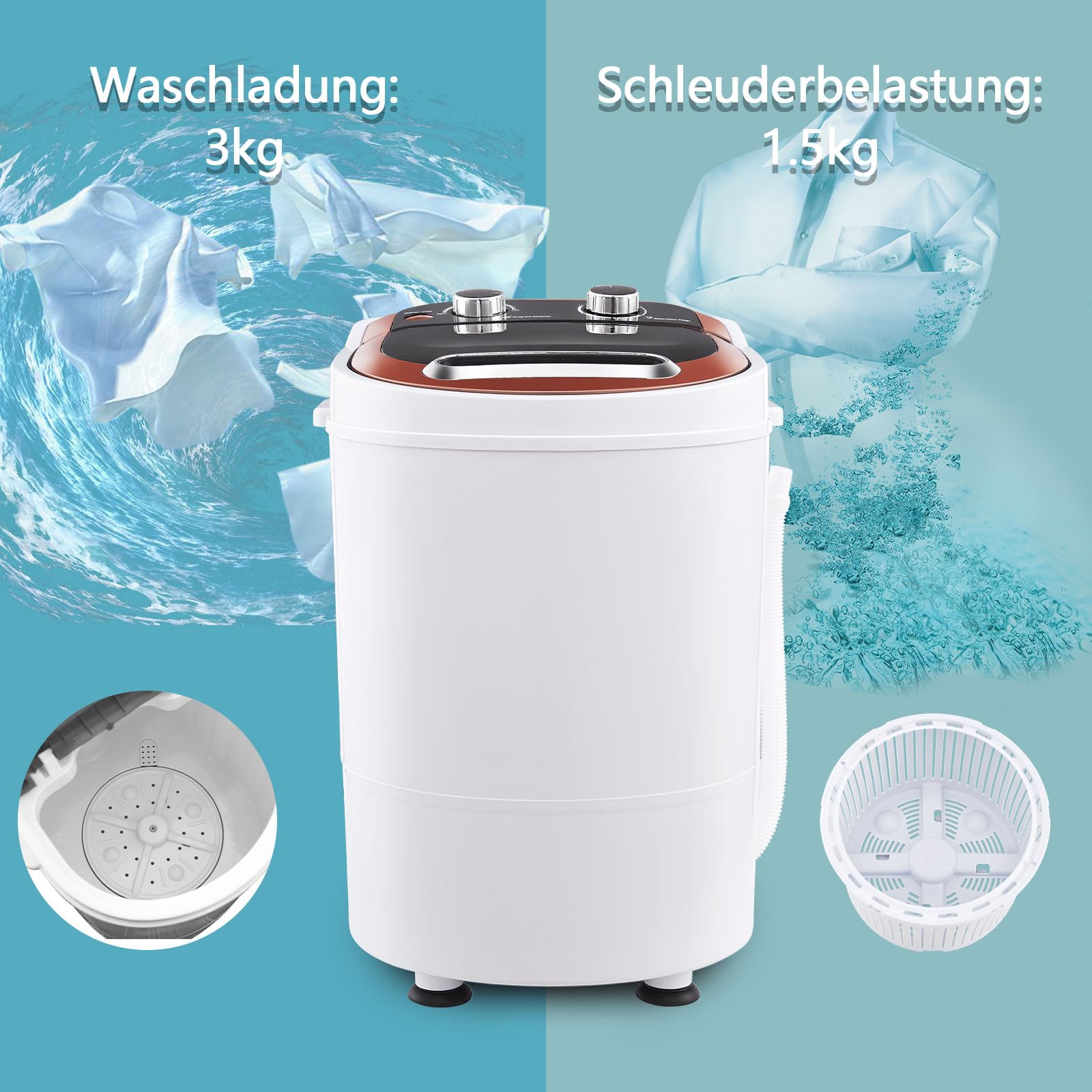CLIPOP Mini Waschmaschine mit Schleuder & Timer, Waschautomat bis 3 KG, Reisewaschmaschine, Camping Mobile Waschmaschine, Toploader Miniwaschmaschine (1 Kammer)