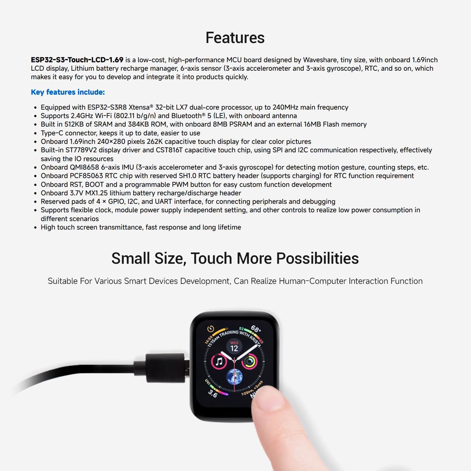 KLAYERS ESP32-S3 1.69-Inch Touch LCD Development Board, Built-in ST7789V2 Display Driver, CST816T Capacitive Touch Chip, Lithium Battery Charging, 6-Axis Sensor (Accelerometer & Gyroscope), RTC