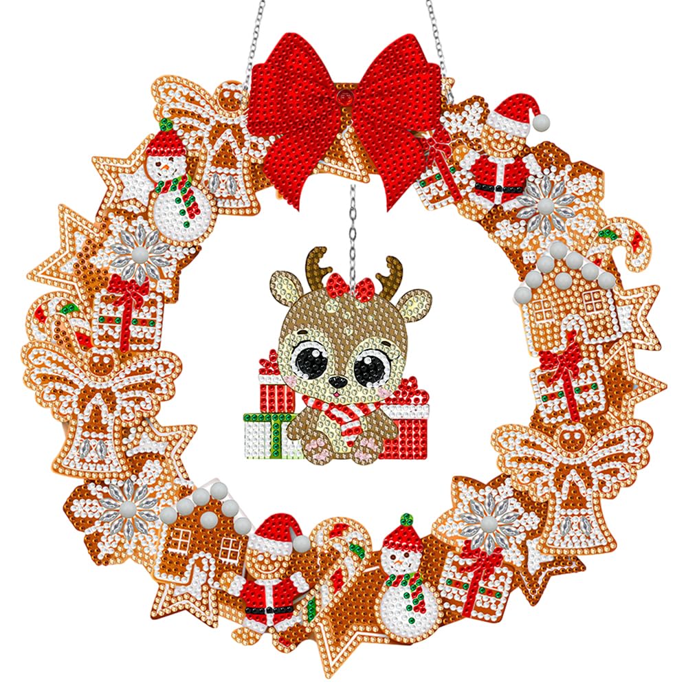 Avzyardy Xmas Elk Christmas Diamond Art Painting Wreath Hanging Pendant With Led Light Diy Partial Special Drill Xmas Garland Diamond Art Kits For Adults,Crystal Painting Wreath