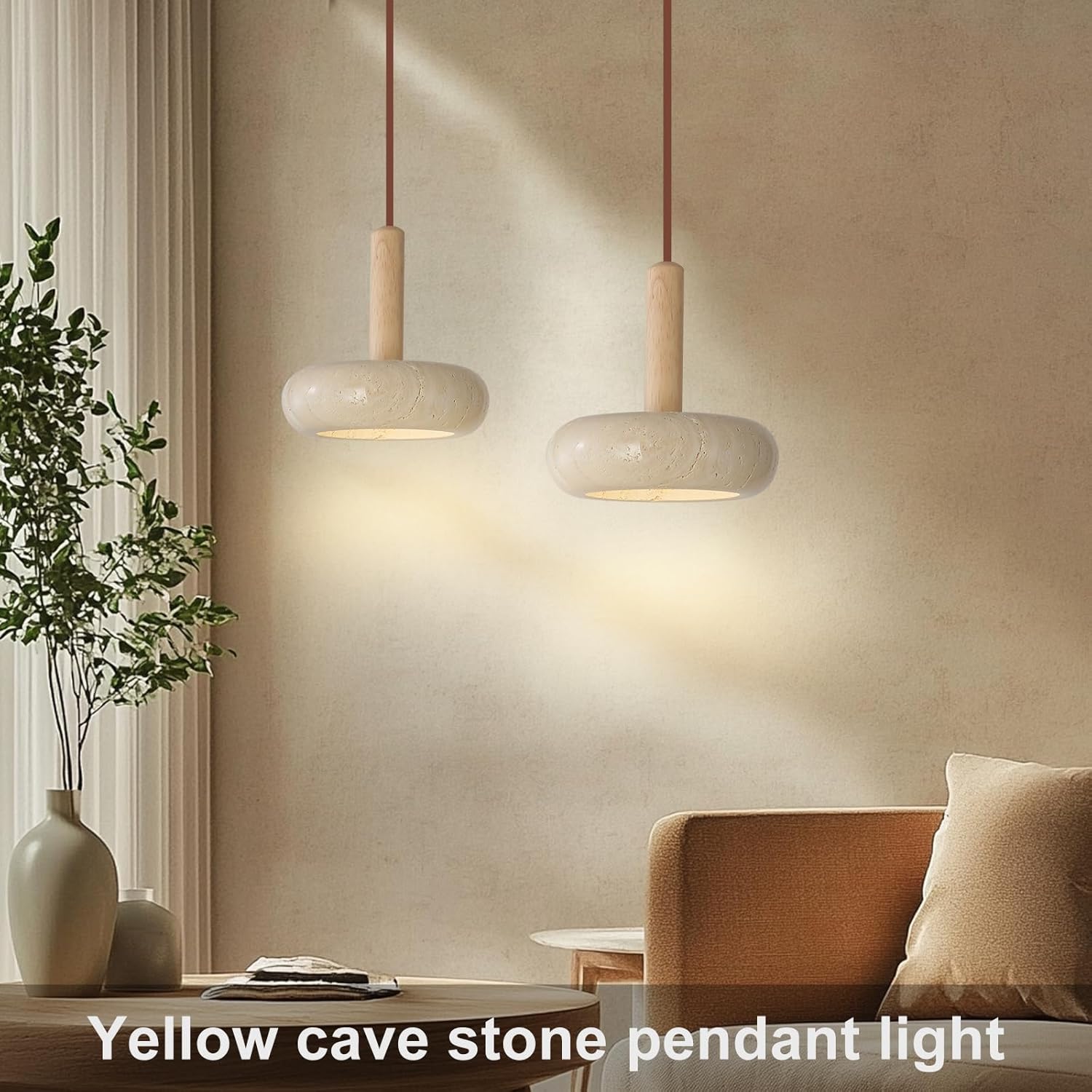 9.1inch Japanese Wabi-sabi Style Travertine Pendant Lamp Round LED Natural Stone Shade Pendant Light Wood Bedroom Bedside Hanging Light 3000K for Living Dining Room Table