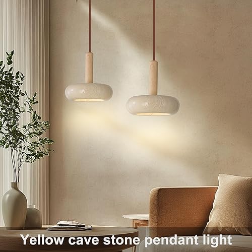 Miniatura 2 de Lámpara colgante de estilo japonés Wabi-sabi con pantalla redonda de piedra natural, lámpara de madera nórdica, lámpara de noche para dormitorio, 12