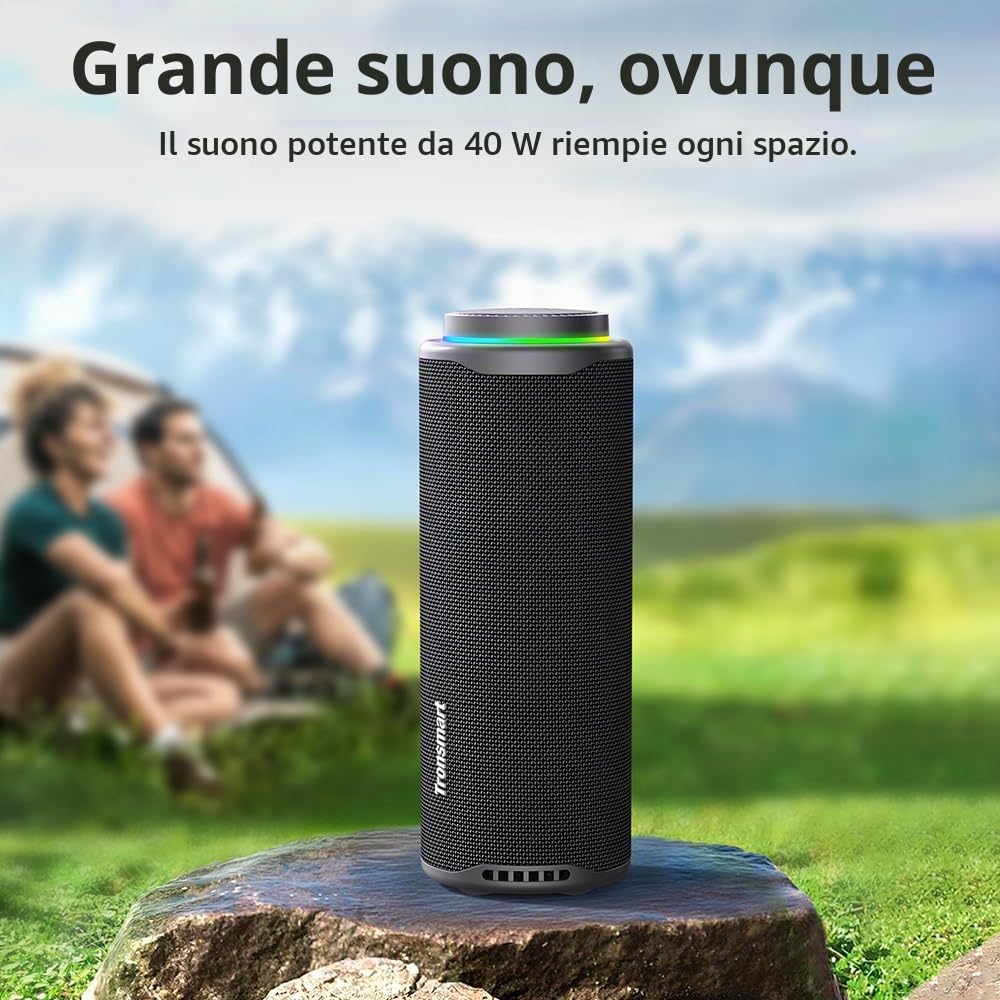Tronsmart T8 Cassa Bluetooth Portatile da 40W, Luci LED, Protezione dall'acqua IPX7, Bassi Potenti con Suono Stereo Hi-Fi, Altoparlante Wireless con EQ per Campeggio, Ciclismo, Interni e Esterni