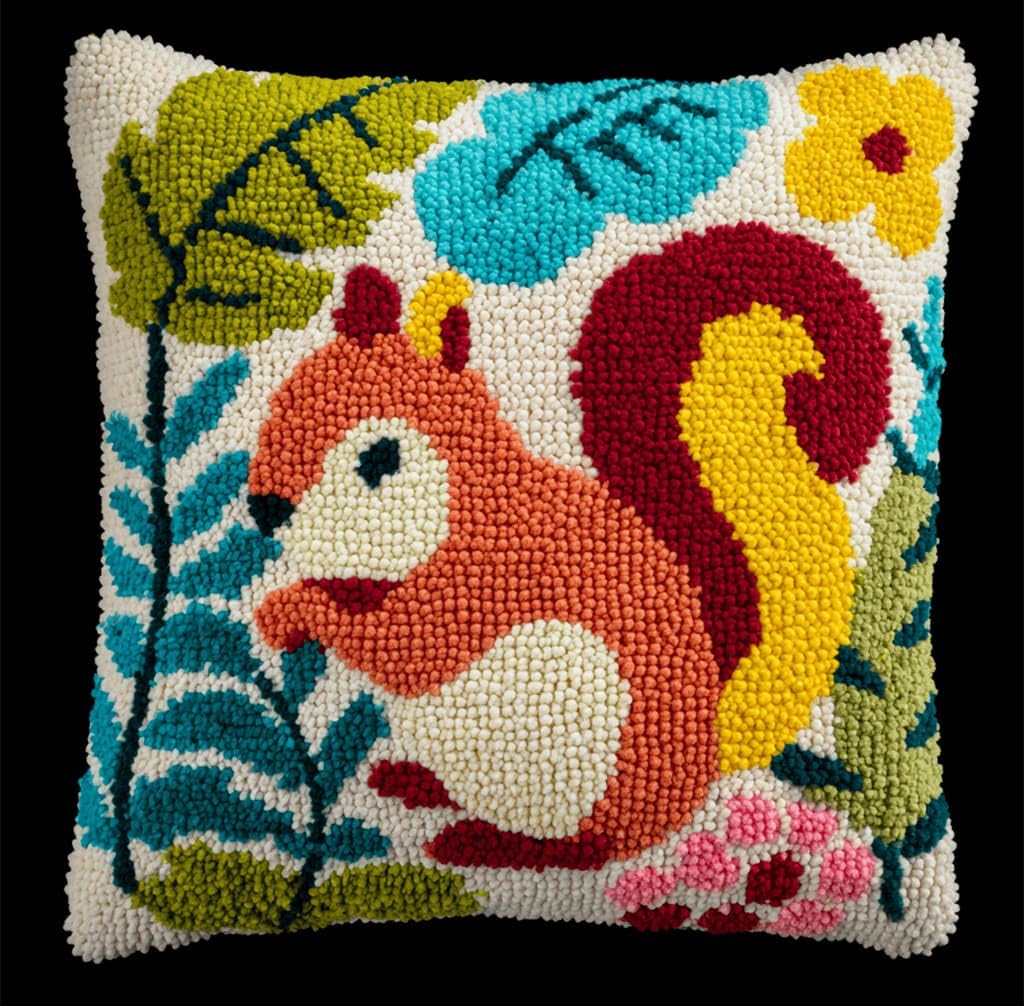 Kitquiver Latch Hook Kits Jungle Squirrel for Adults,Beginners DIY Latch Hook Cushion Kits and Latch Rug Kits Cross-Stitch Embroidery Cushion Cover for Home Sofa Decoration 17X17 in