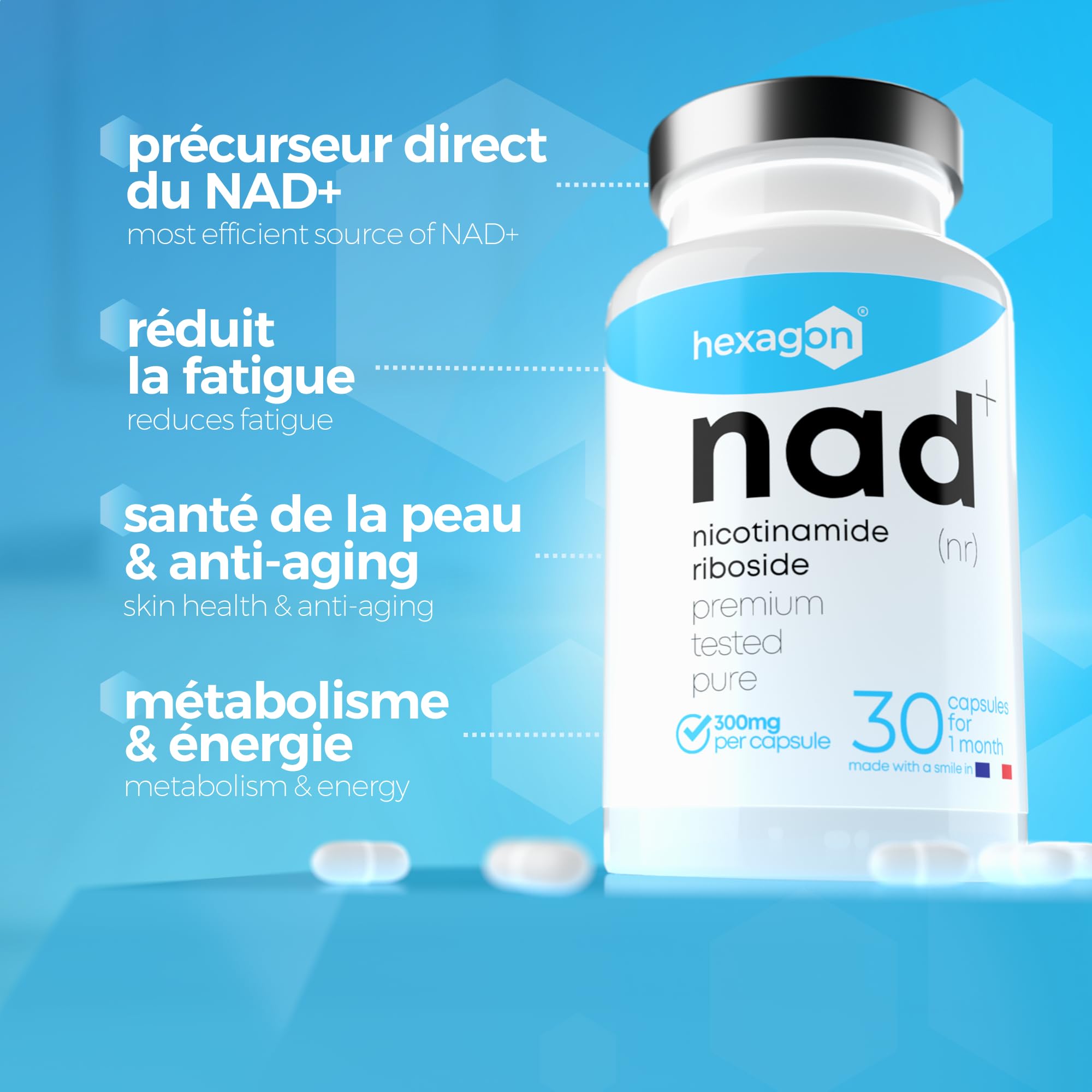 NAD+ Nicotinamide Riboside Chloride 300mg - +1 Mois de Cure - NAD Booster - Anti-Aging & Contre la Fatigue - Fabriqué et Testé en France - 30 Gélules Végétales - Vegan - Hexagon