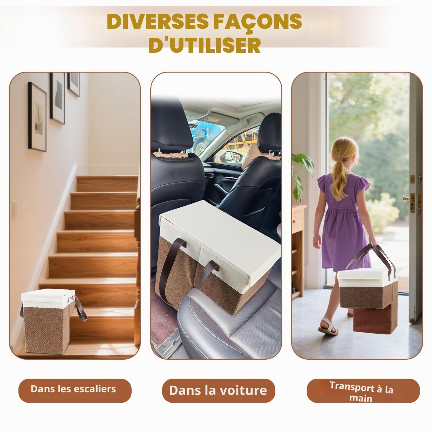 Panier pliable en lin avec poignée et couvercle, sac d'escalier, panier à linge, peu encombrant, en feutre, organisateur pour linge, jouets (marron)