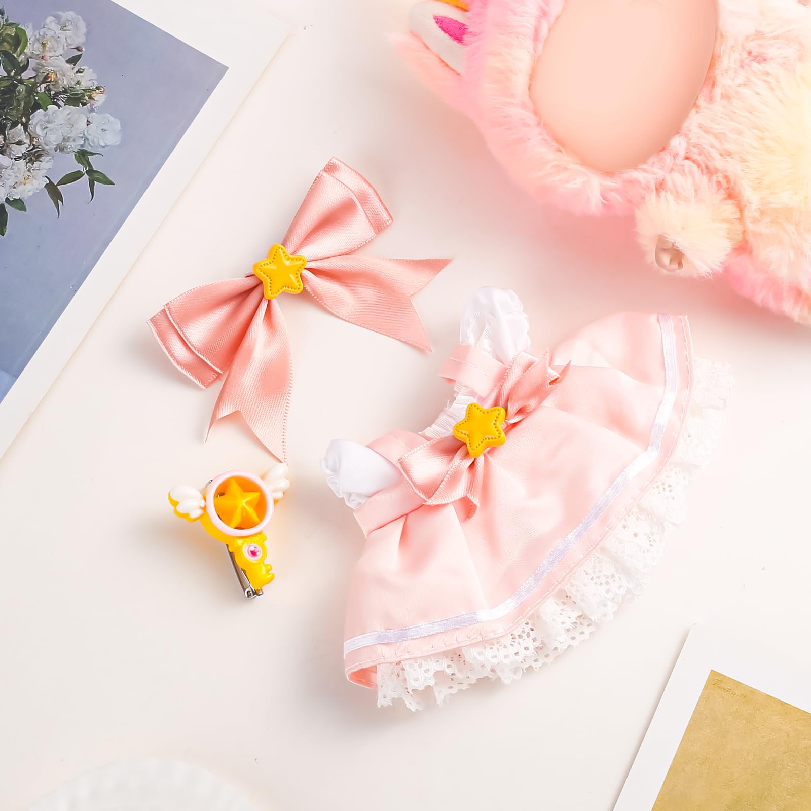 Chritice 4PCS Doll Clothes for Doll,Compatible with Labubu,Vinyl Plush Toy Outfit Set Accessories for 17CM Dolls,1 Tiara,Halter Dress,White Lined Dress & Magic Wand Clip,No Dolls - Image 3
