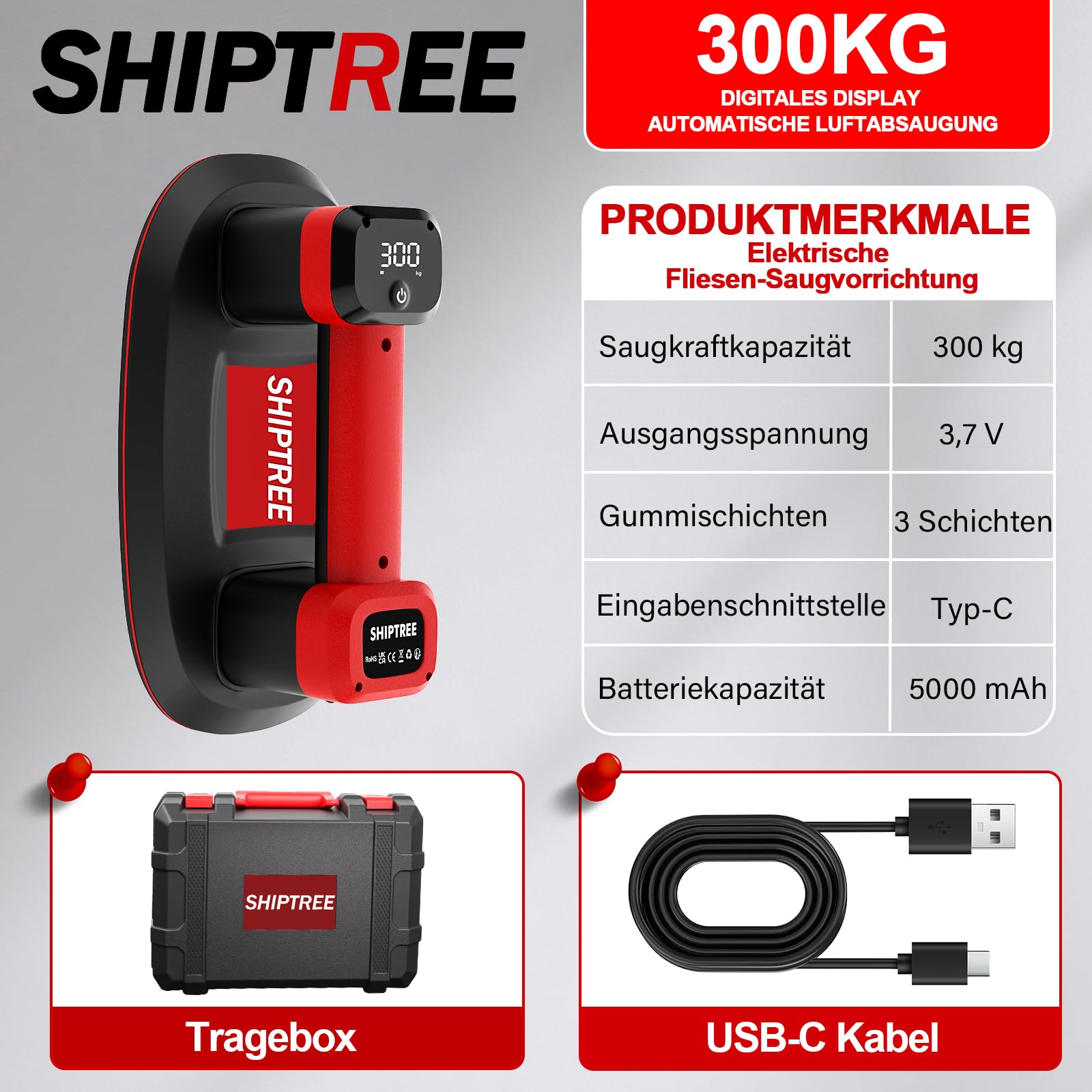 Akku Saugheber 300 KG, Upgrade Saugheber mit 5000 mAh Akku, Auto Nachsaugfunktion,Doppelmotor für Starke Saugleistung, LCD Anzeige, für Fliesen, Glas, Holzplatten, Marmor & Möbel