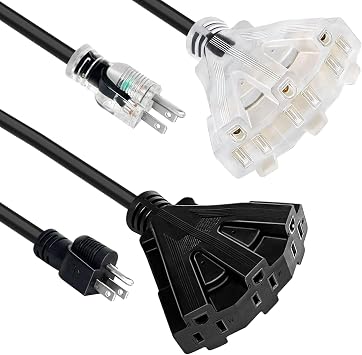 3FT 2Pack 12/3 Outdoor Extension Cord, Heavy Duty 3-Outlet SJTW Indoor/Outdoor Three-Prong Power-Cord 12-Gauge Grounded 15-Amp 1875 Watts