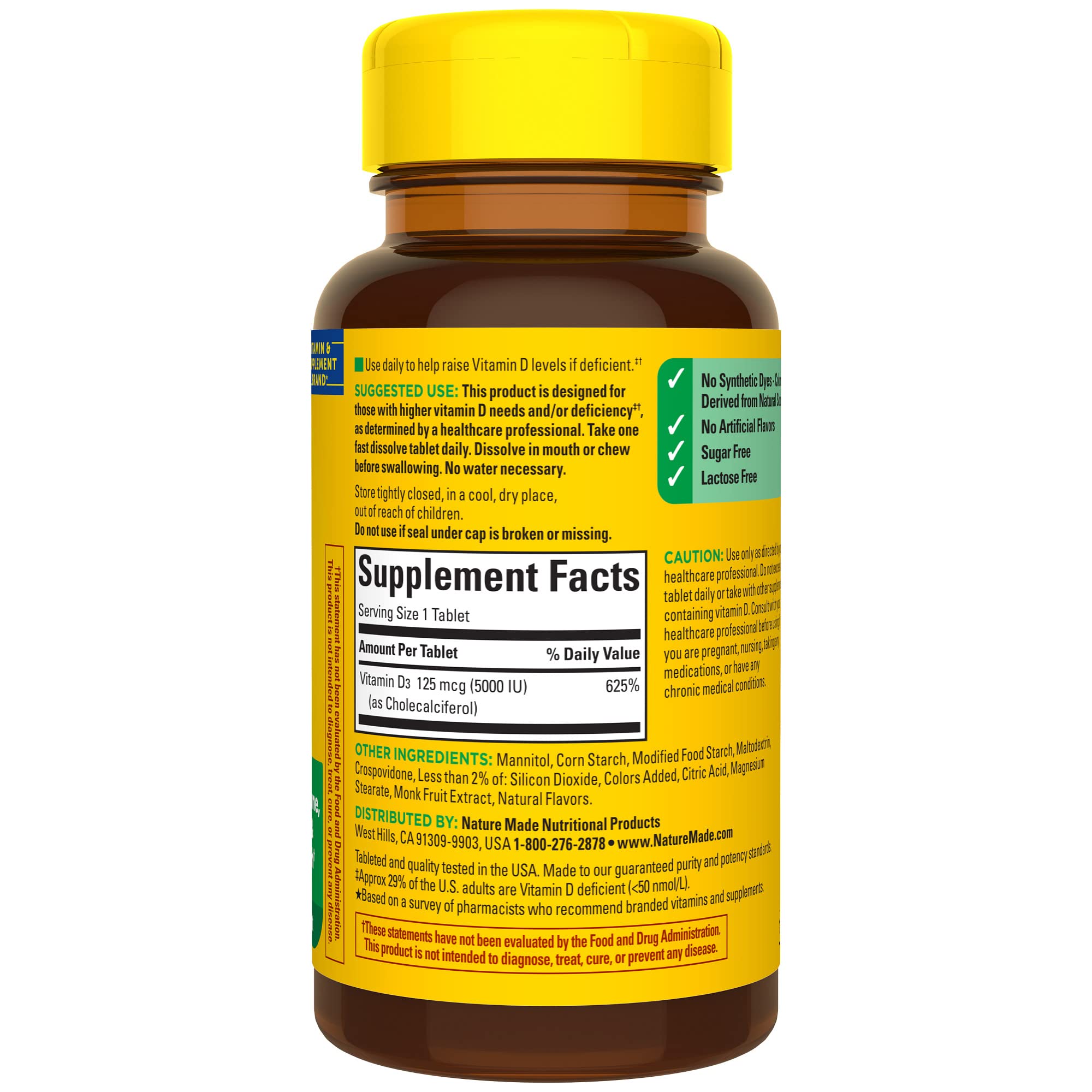 Nature Made Extra Strength Vitamin D3 5000 IU (125 mcg), Vitamin D Supplement for Bone, Teeth, Muscle, Immune Health Support, 70 Sugar Free Fast Dissolve Tablets, 70 Day Supply