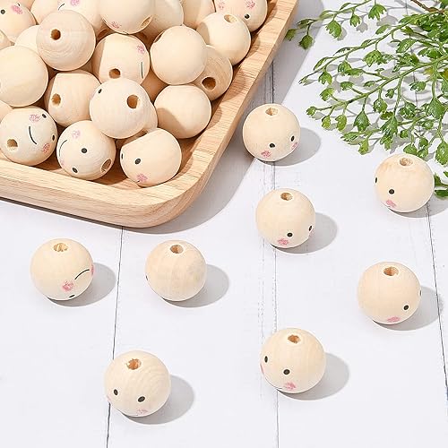 Miniatura 2 de PH PandaHall 50 cuentas de madera de 0.984 in1 pulgada, cuentas de madera natural, cuentas sueltas con cara para corona de árbol de Navidad, llavero