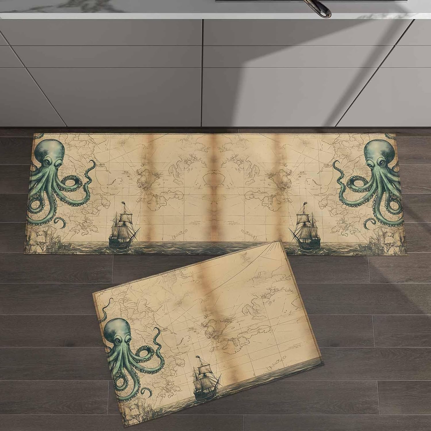 2 Pieces Kitchen Rugs and Mats,Nautical Coastal Ocean Octopus Boat Area Runner Rug Set Non Slip Floor Doormat Washable Carpet Standing Mat for Kitchen Sink Indoor Corridor,Vintage Medieval Map