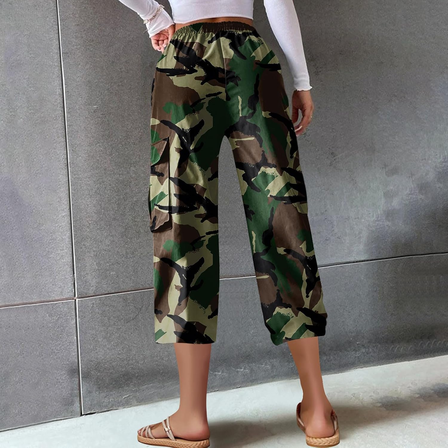 Camo Pants Women High Waisted Casual Pants Y2K Camoflage Cargo Pants Baggy Elastic Waist Straight Jeans Trousers